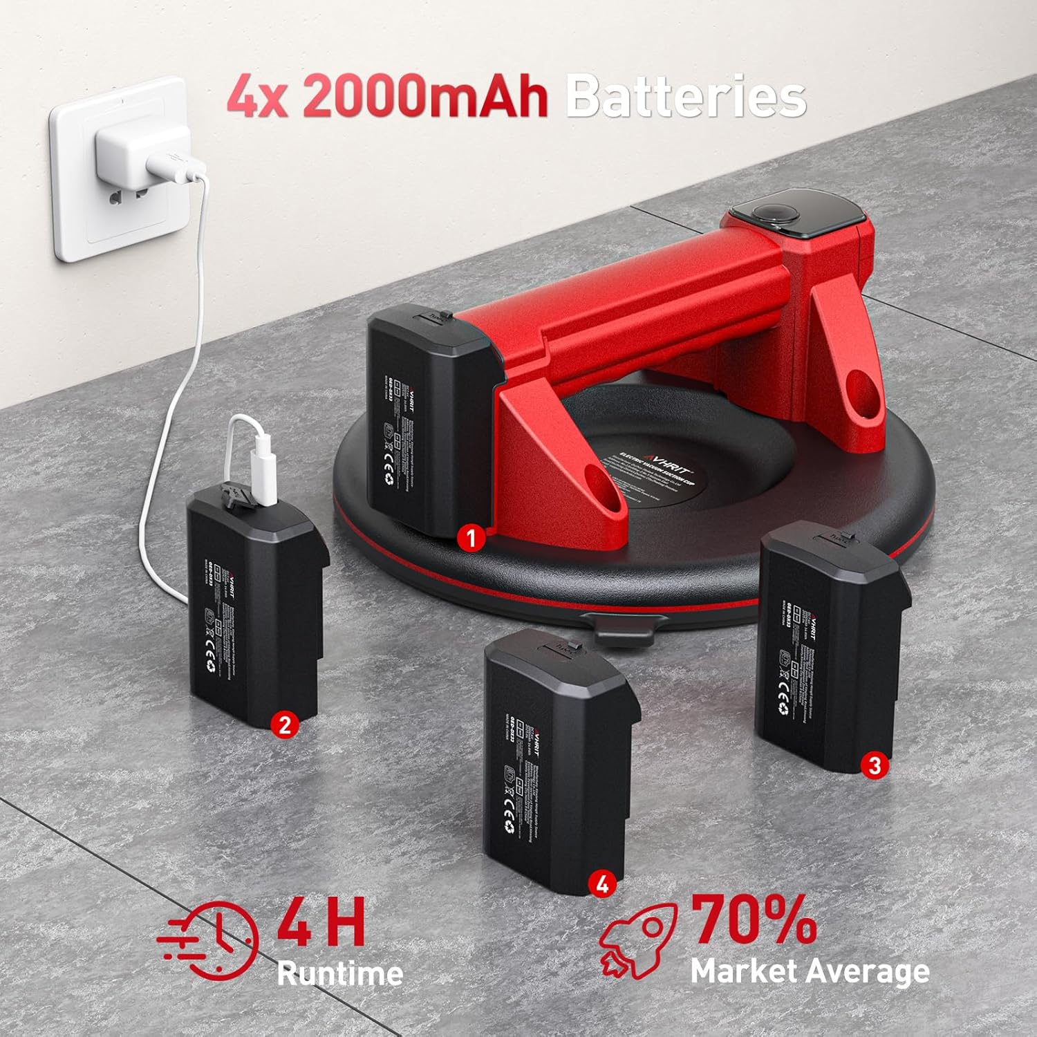 Electric Suction Cups for Glass, 8" Heavy Duty Vacuum Suction Cup with 4 x 2000mAh Batteries, LCD Display, 440 LBS/200 KG Max. Load, Cordless Vacuum Lifter for Moving Tile Windows, Stone