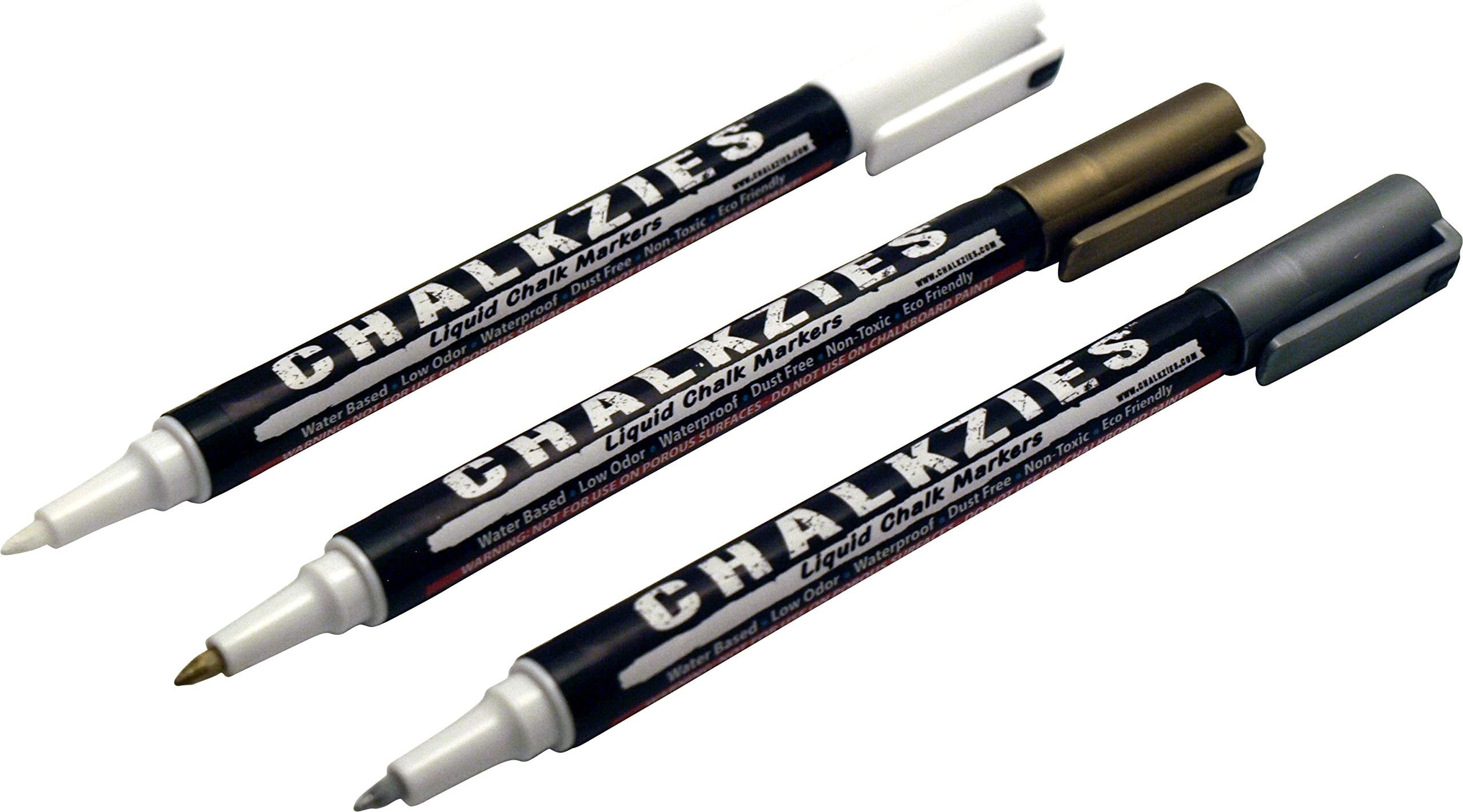 Chalkzies 0.7mm Extra Fine Point Liquid Chalk Marker • Waterproof • Premium Quality (Gold, Silver & White Multi-Pack)