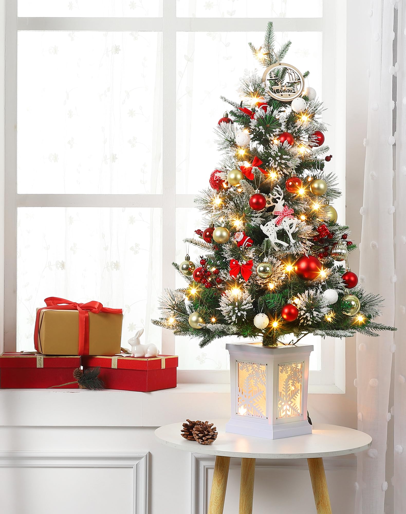 Albero di Natale Artificiale Premiere da 90 cm - Albero di Natale Innevato con Luci 78LEDs, Albero di Natale Automatico Batteriebetrieben Decorazione Natalizia con Bacche Rosse für Zuhause, Büro