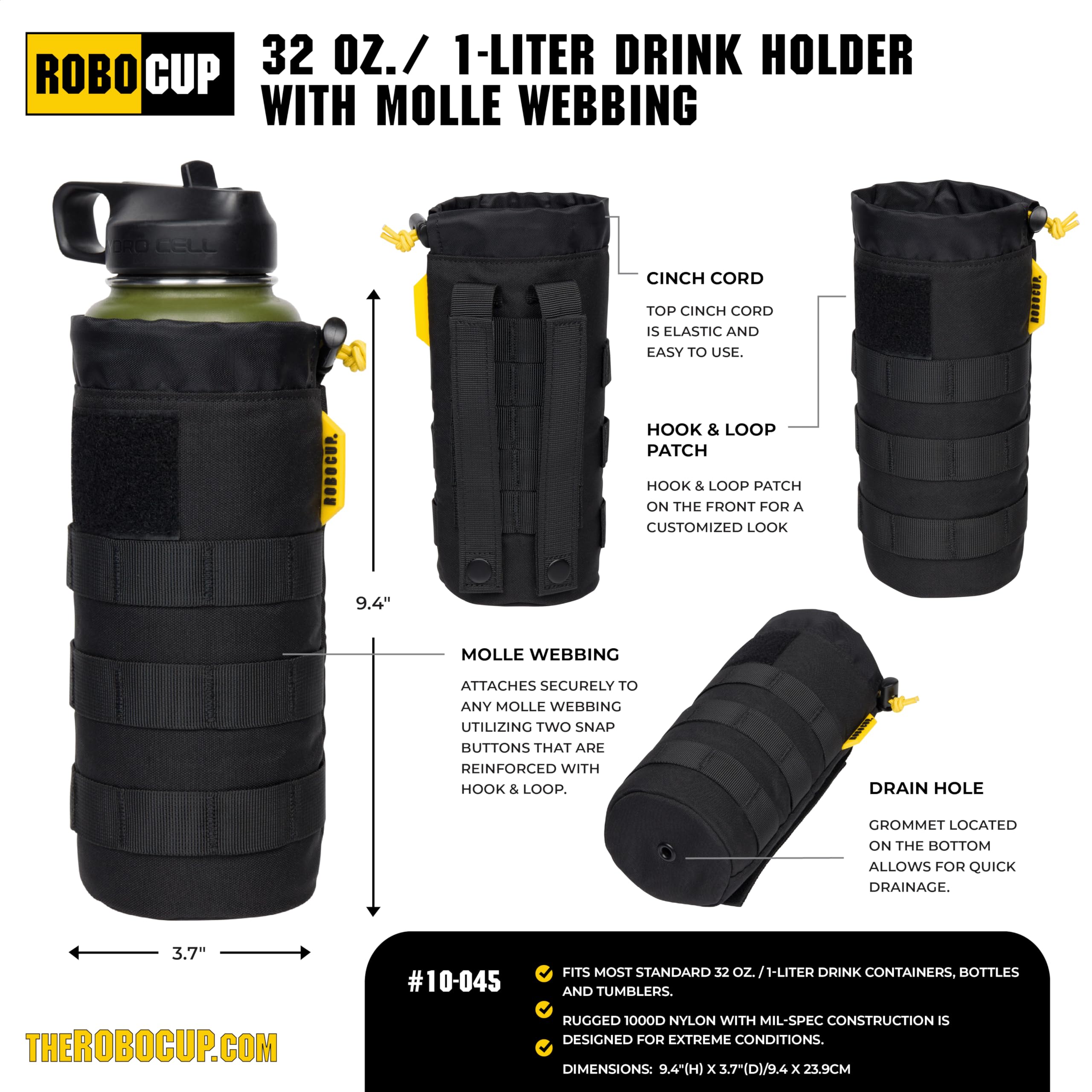 ROBOCUP 32 oz./ 1-Liter Rugged Drink Holder for Belt & MOLLE Webbing, Durable Cordura Nylon Designed for Work, Boating, Camping, Overlanding, Travel | Bungee Cord, Drain Hole, Hook&Loop Patch Area