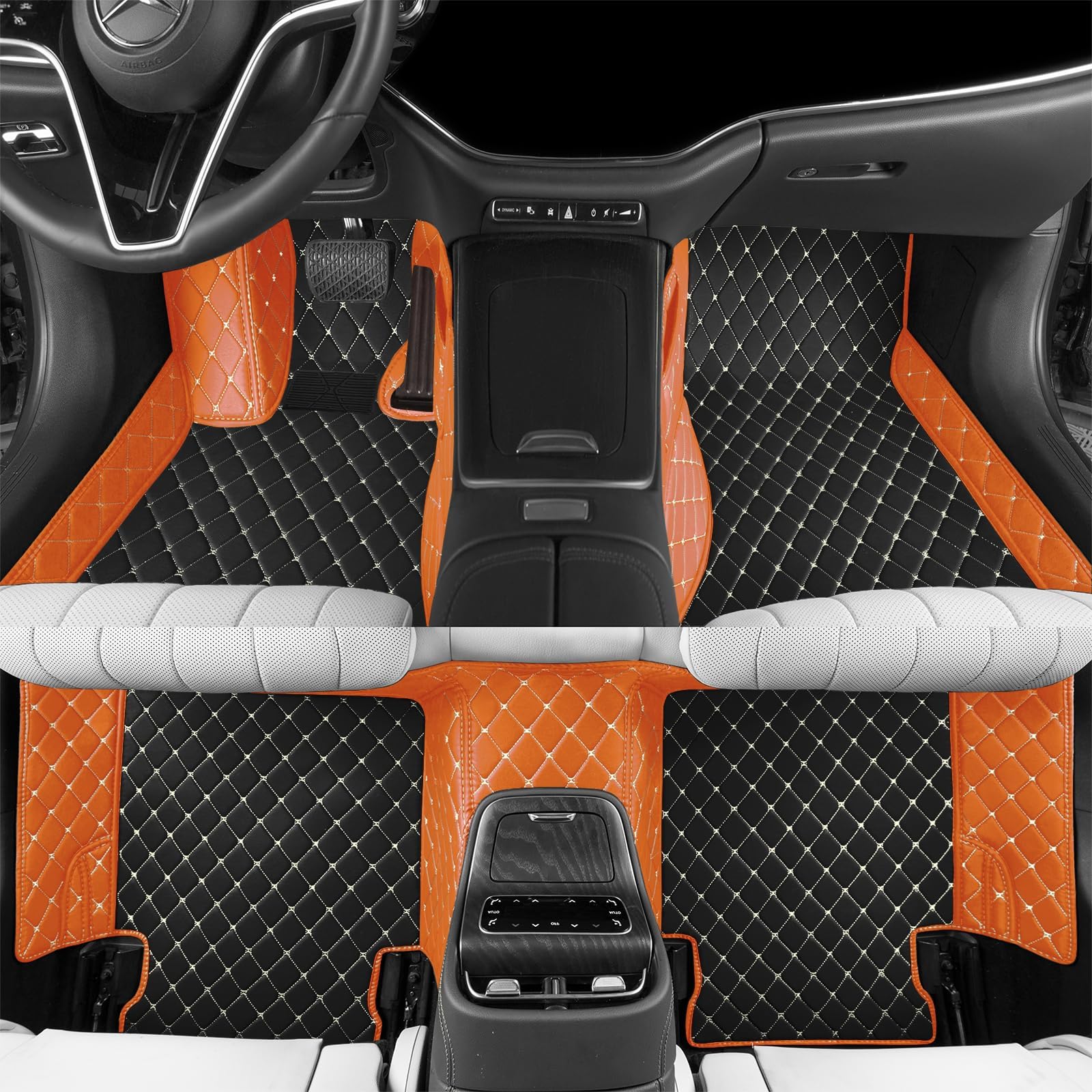Custom car Floor mat is Compatible for Mercedes-Benz，to All Models for Benz (2000-2025) C260/C200/S500/ A260/ B200，Luxurious ‌All-Weather car Floor MATS. (Black Rice & Orange)