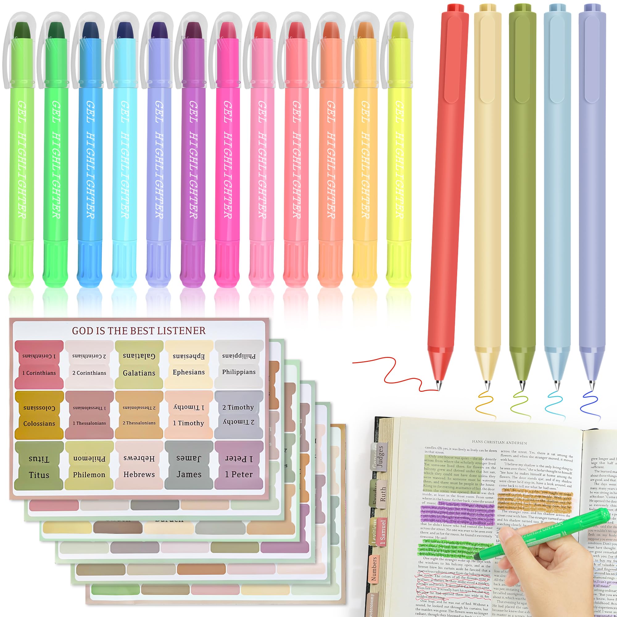 DazSpirit 12 Bright No Bleed Bible Gel Highlighters & 5 Pens with 90 Laminated Bible Tabs, Aesthetic Bible Journaling Kit School Supplies for Women &