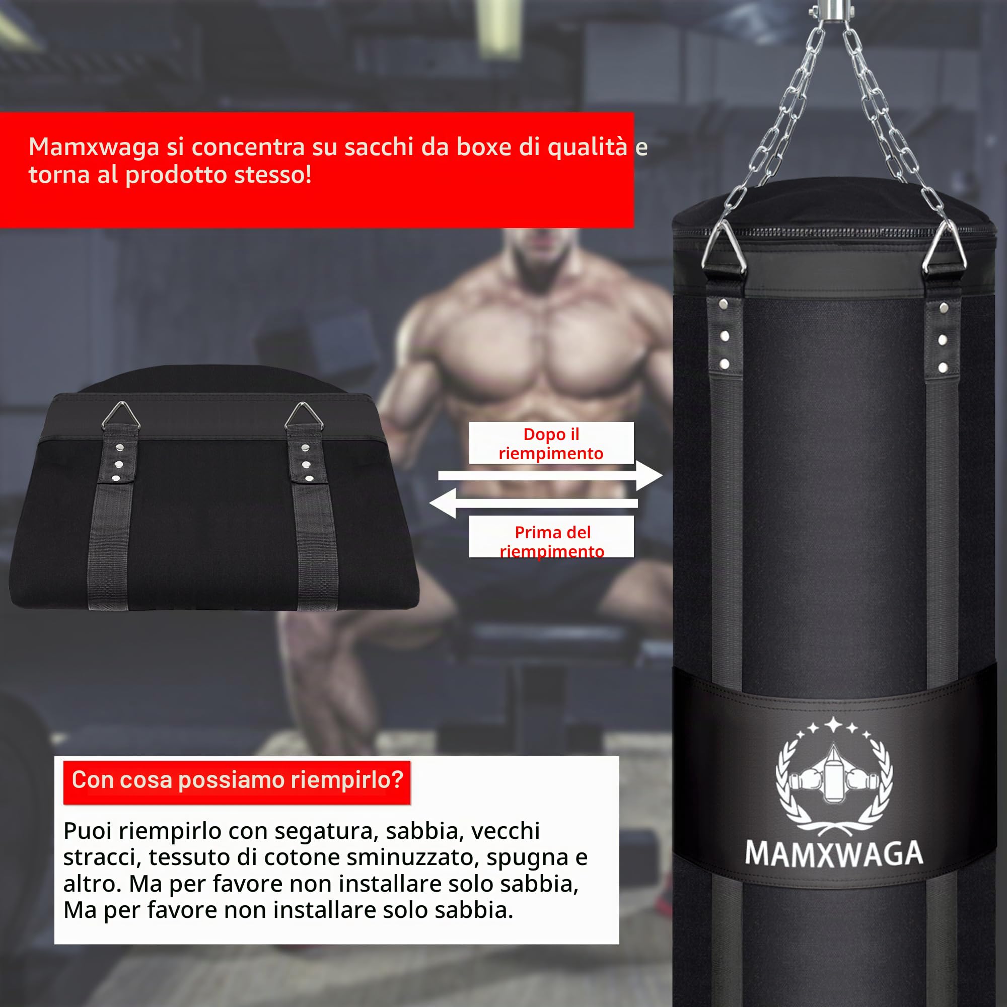 Sacco da Boxe Tela per Adulti 120cm, Pesanti Sacchi Pugilato da Appendere con Rotatore, Non-Riempito Canvas Punching bag Portata Massima 80kg