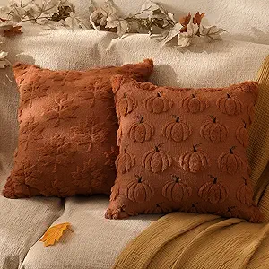 Pumpkin Fall Decorative Throw Pillow Covers 20"x20", Set of 2 Rust Red Soft Faux Fur Pillow Covers for Autumn Harvest, Fluffy Plush Accent Pillow Cases for Farmhouse Couch Cushion Covers