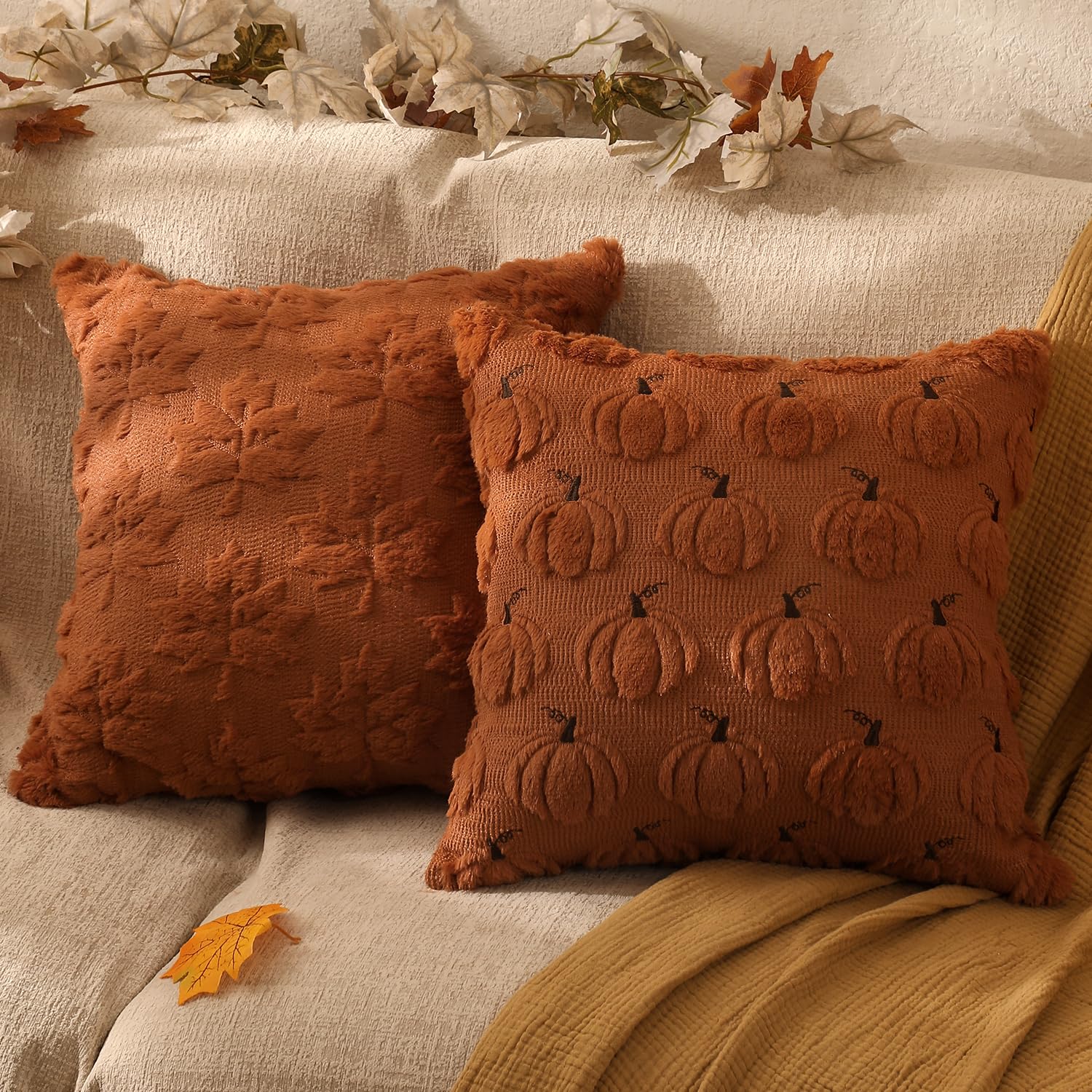 multiwins Pumpkin Fall Decorative Throw Pillow Covers 18"x18", Set of 2 Rust Red Soft Faux Fur Pillow Covers for Autumn Harvest, Fluffy Plush Accent