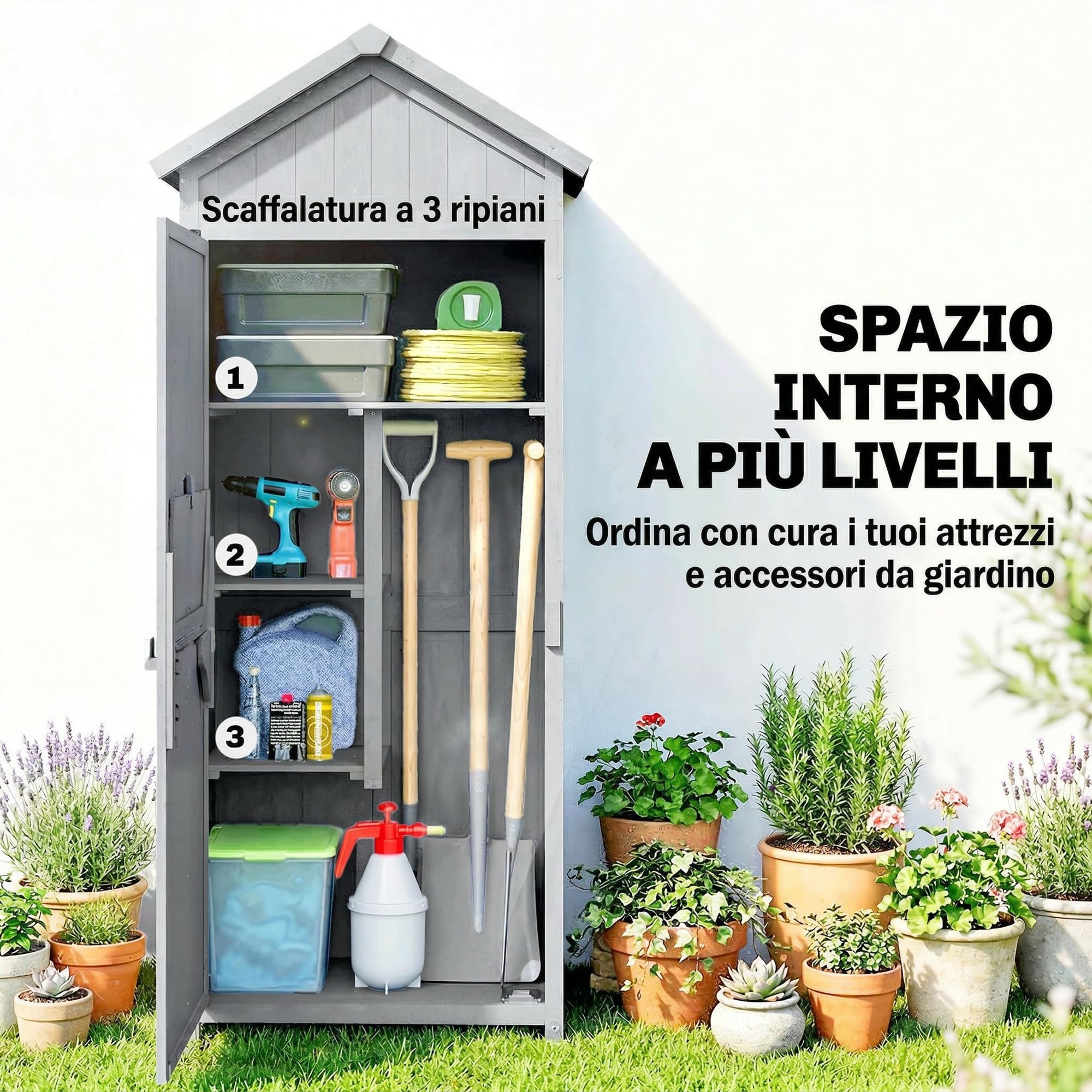 Outsunny Armadio da Giardino in Legno Abete, Casetta Attrezzi Giardino con Banco Lavoro Ribaltabile, Ripiani, Tetto Inclinato Asfalto, Capanno Porta Attrezzi per Esterno, 77x52.5x178 cm, Grigio