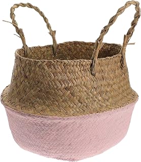 Seagrass Woven Plant Pot with Handle, Foldable Indoor Decorative Flower Basket for Living Room, 27cm Diameter Pink Handwoven Planter for Home Gardening
