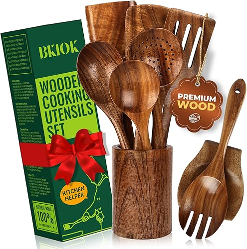 Bkiok Cucharas de madera para cocinar, juego de utensilios de cocina de madera de teca, juego de utensilios antiadherentes hechos a mano con soporte