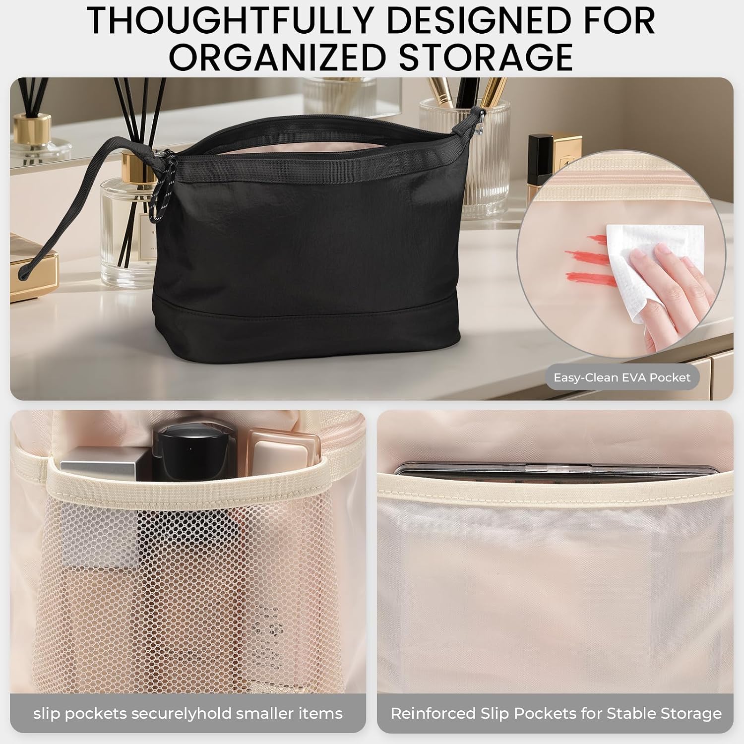 HauteHues Travel Makeup Bag for Women Large Capacity Cosmetic Handheld Portable Organizer Large Opening Waterproof Storage Toiletry Bags Black