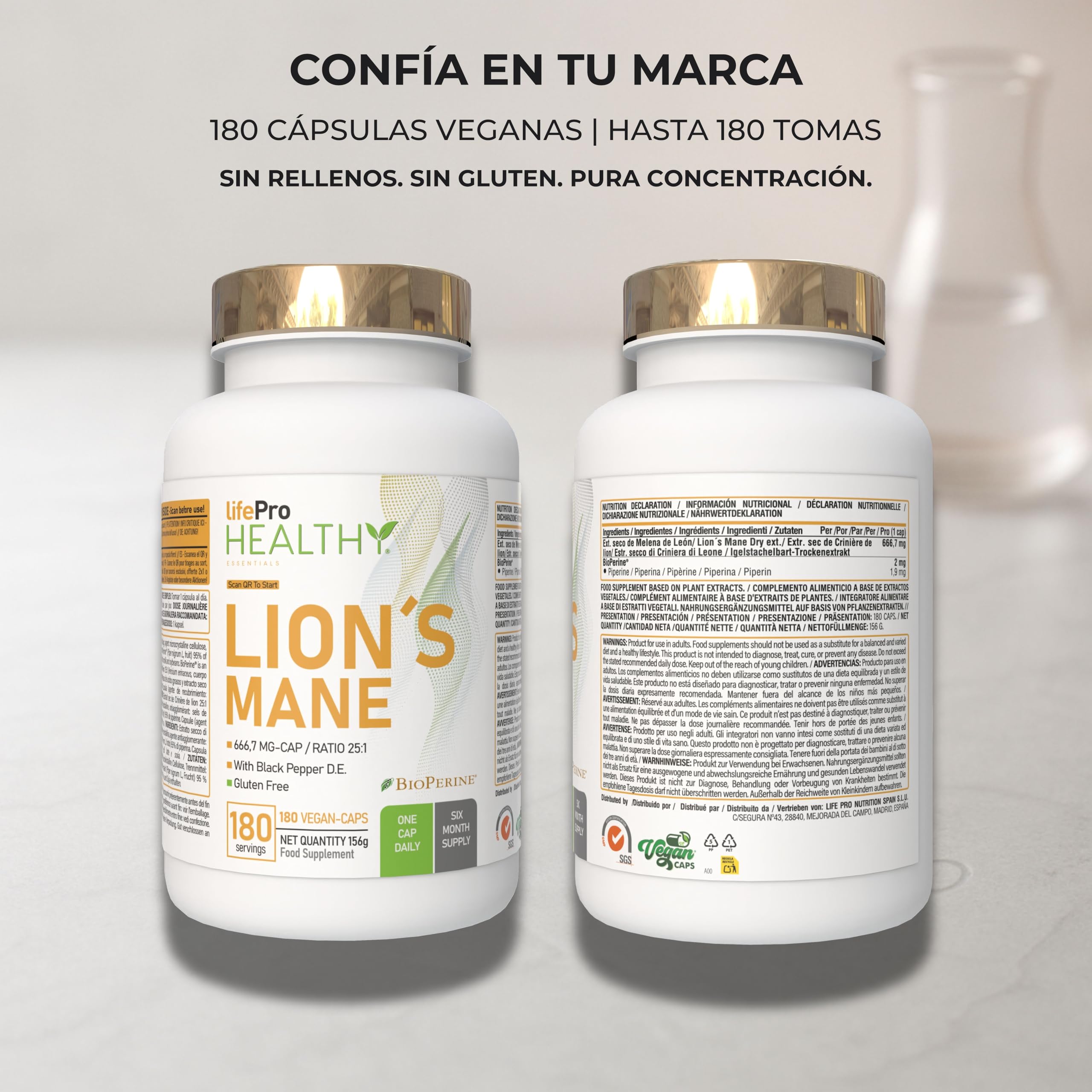 Life Pro Lions Mane capsules o Melena de Leon capsulas superlativa Alta Potencia 16,000mg – Extracto 25:1 Ultra-con BioPerine® – Alto Polisacáridos y Beta-Glucanos – 6 Meses – Nootropico, inmunidad.