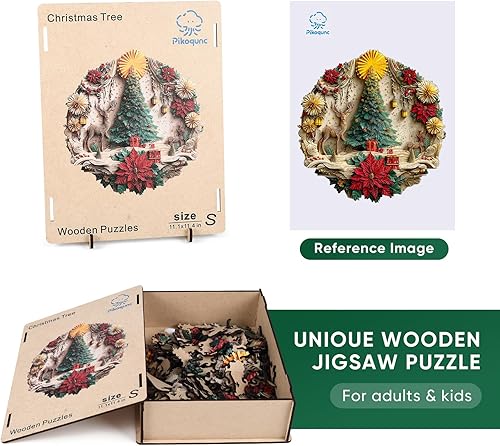 Miniatura 4 de Pikoqunc Rompecabezas de madera para adultos, rompecabezas de árbol de Navidad para adultos, piezas únicas, rompecabezas de corte de madera,