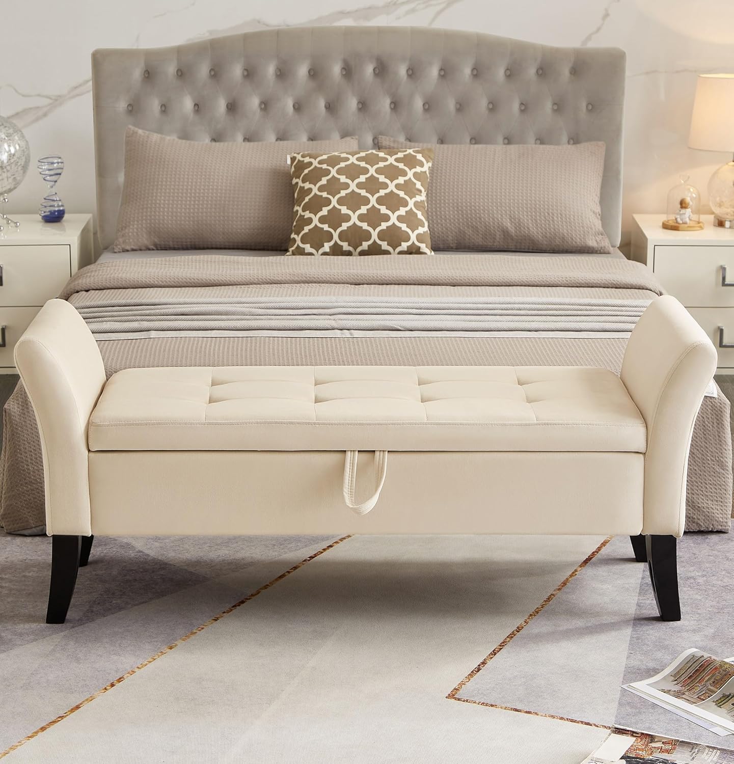 51.5" Bed Bench with Storage Space and Velet Cushion and Solid Wood Legs for Bedroom Hallway Beige