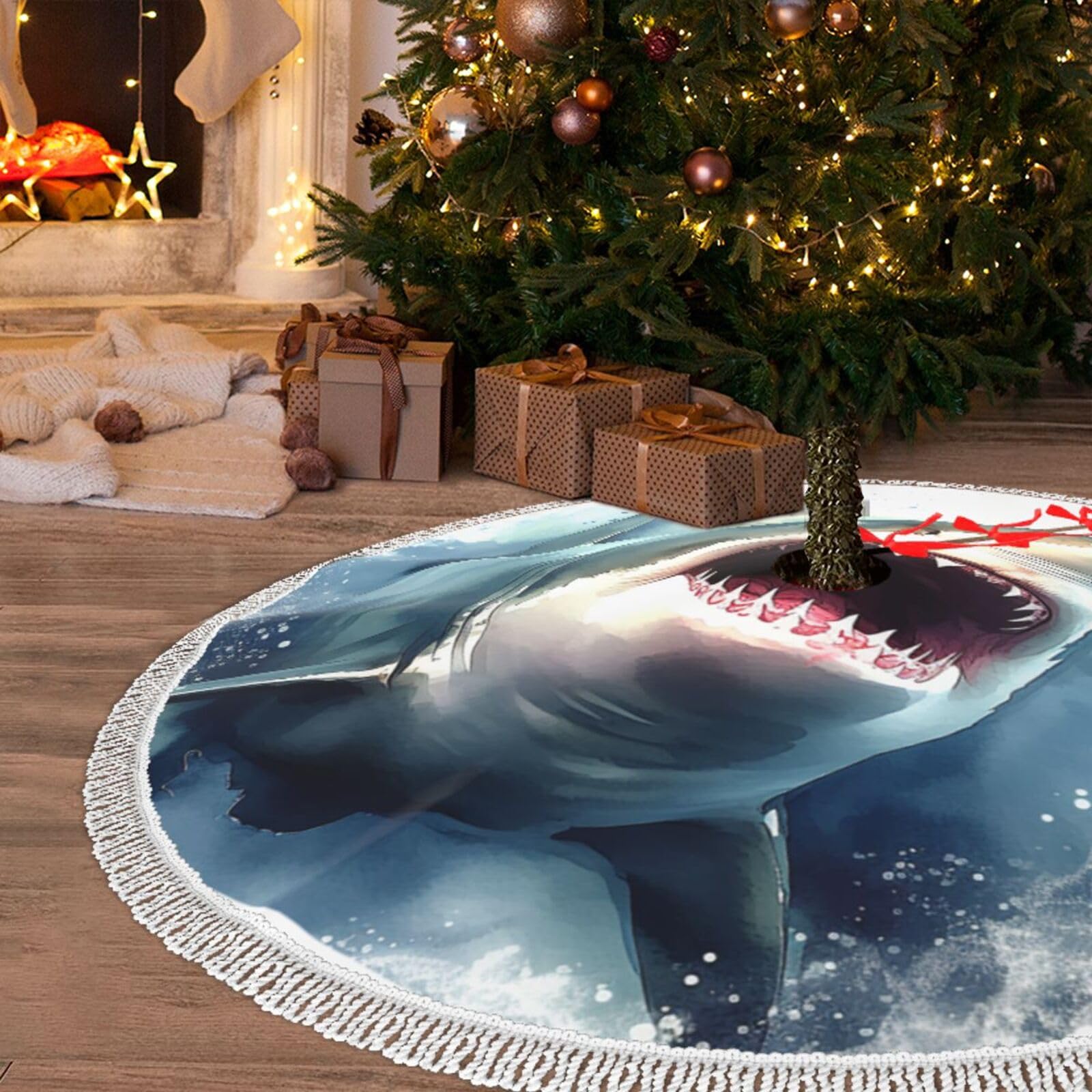 Tapis de sapin de Noël requin 121,9 cm à pompons pour émerveiller petits et grands