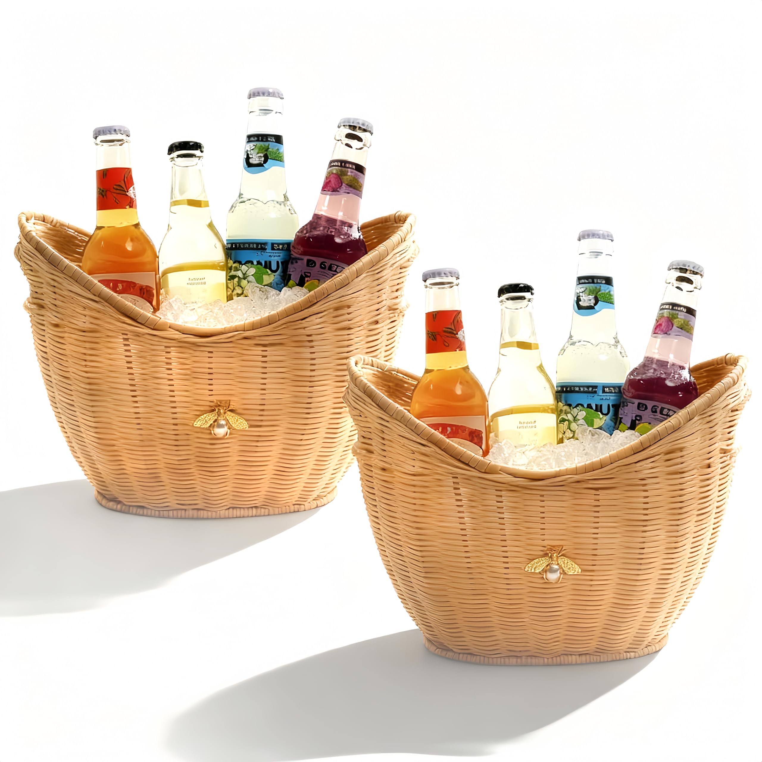 Lexenic 2 PCS Ice Bucket with Handle Hole, Woven and Acrylic Double Layer Basket Design, 4L Champagne Wine Ice Bucket for Cocktail Bar, Parties, Picnics- Anti Frozen Hands Anti Water Leakage (Rattan)