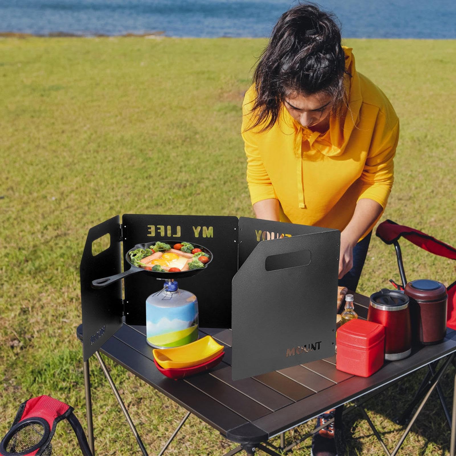Parabrezza pieghevole Bruciatore – 4 pannelli parabrezza per fornelli da | campeggio, scudo termico portatile | protezione antivento per esterni con borsa per il trasporto per barbecue, cucinare