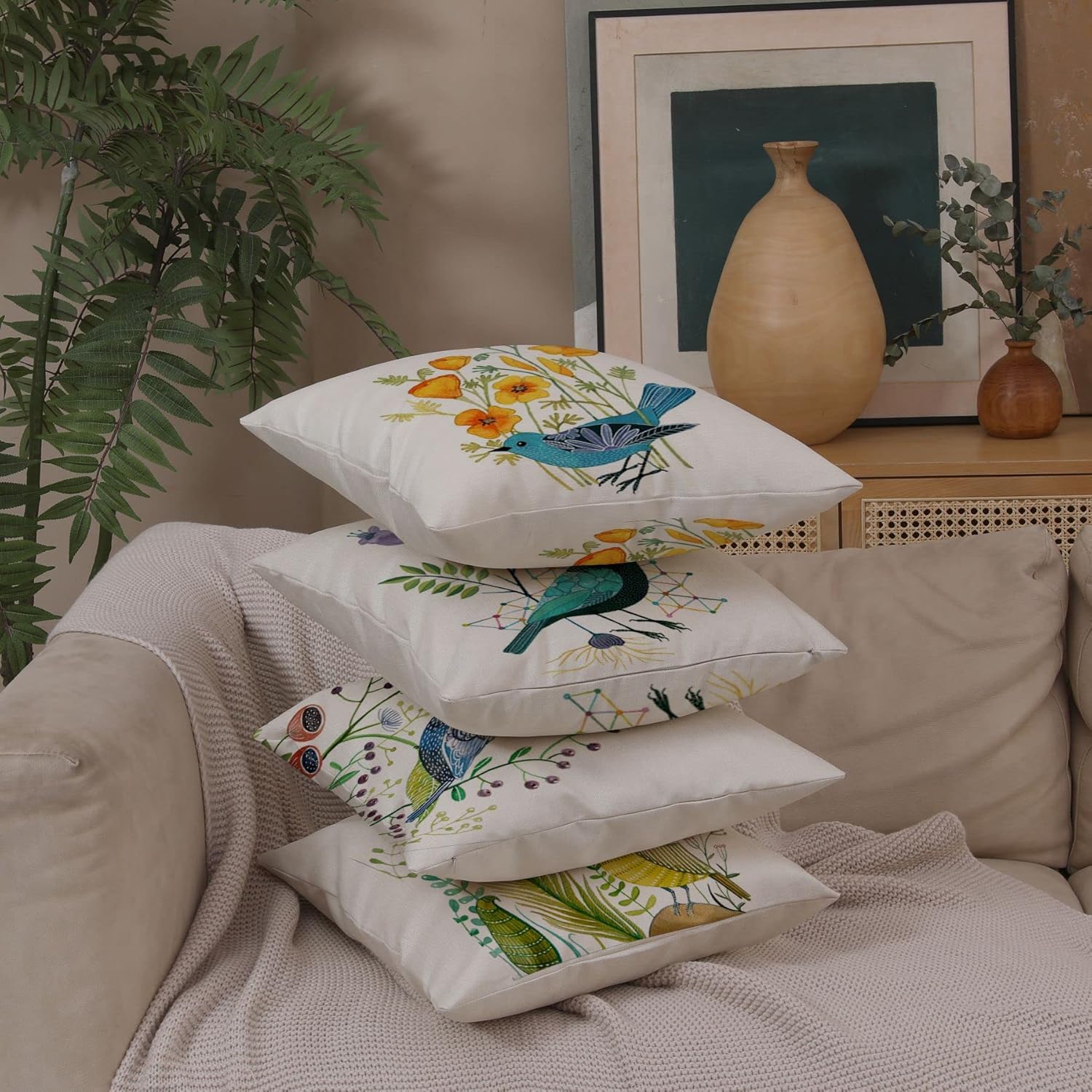 Bird Decorative Pillow Covers Spring Style Throw Pillow Cover Cushion Case Outdoor Flower Bird Set for Sofa Bed Couch Car Office 20x20 Inch Set of 4