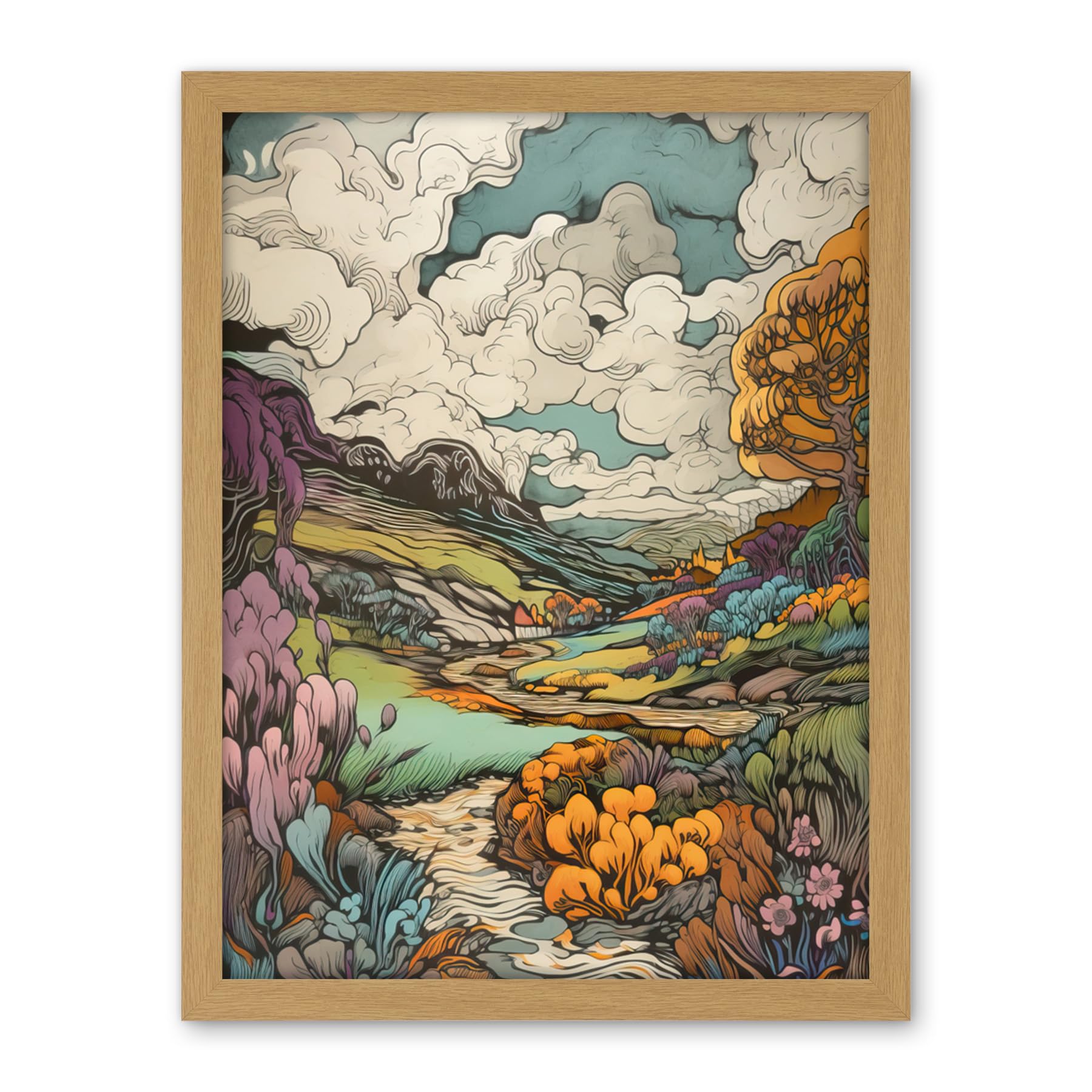 Artery8 Meadow River Multicoloured Landscape Illustration Artwork Framed Wall Art Print 18X24 Inch