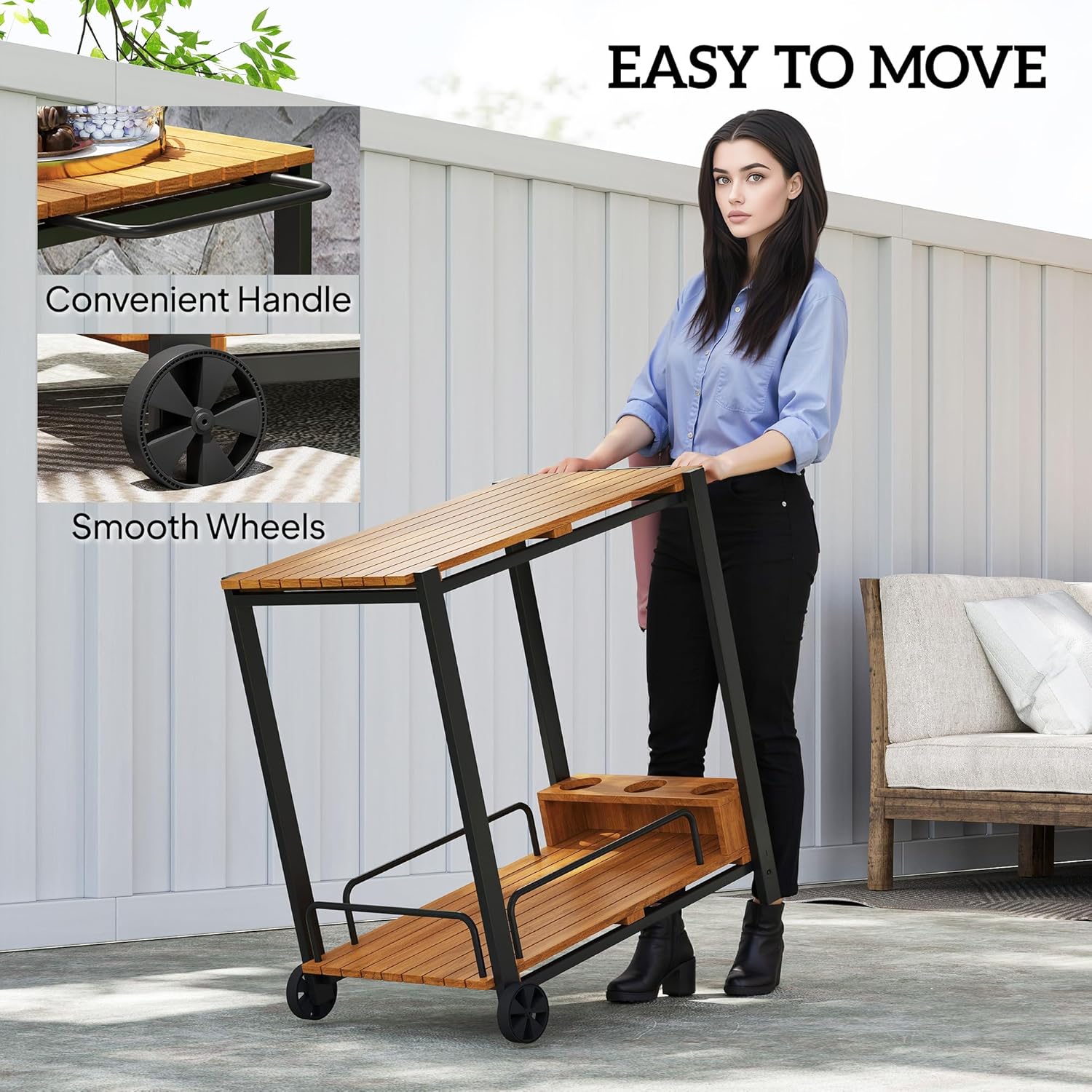 Outsunny Acacia Wood Outdoor Bar Cart, Rolling 2-Tier Outdoor Bar Table with 3 Bottle Holders and 2 Wheels, Patio Serving Cart for Kitchen, Patio, Garden, Balcony, Teak