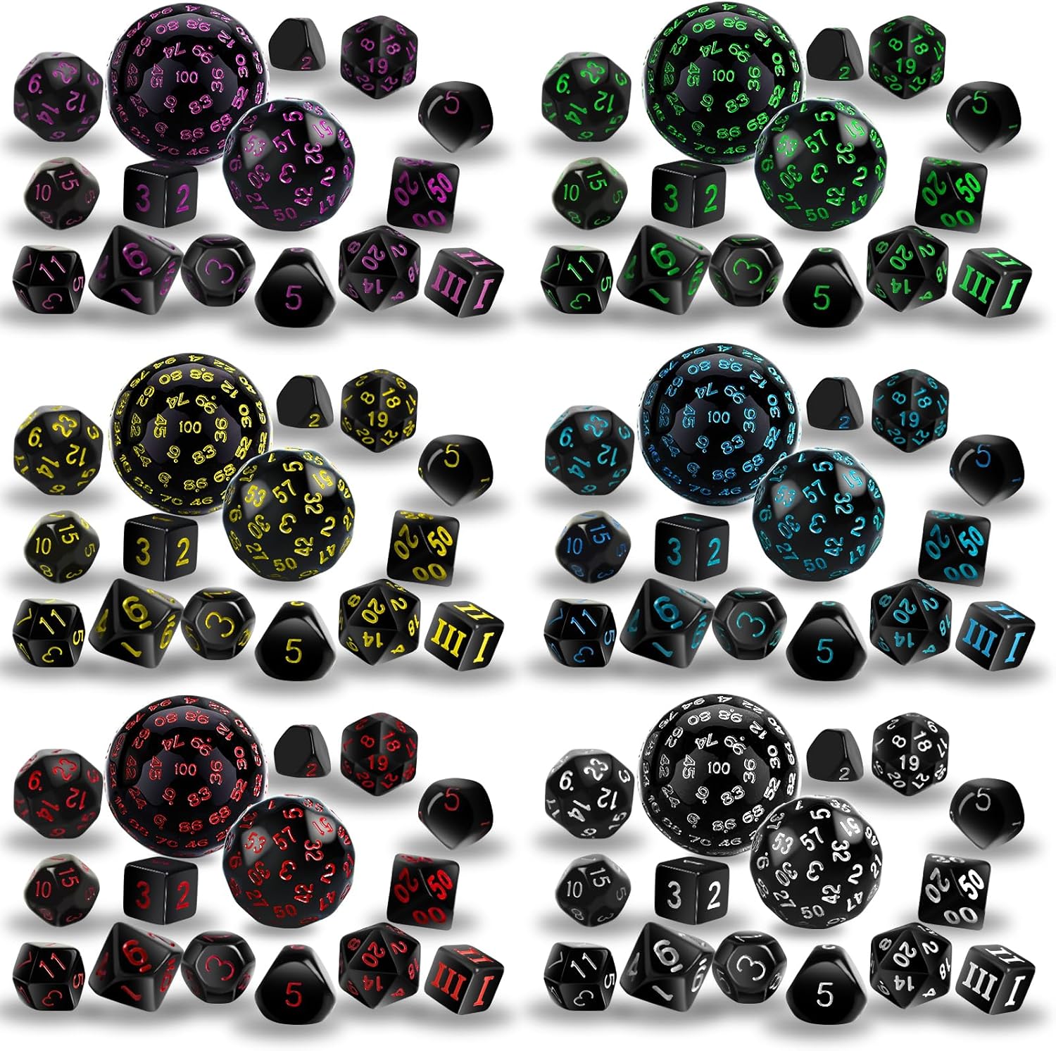 6 Sets Complete Polyhedral Dice Set D3-D100 (15 pcs) for TRPG Tabletop Games (Black)