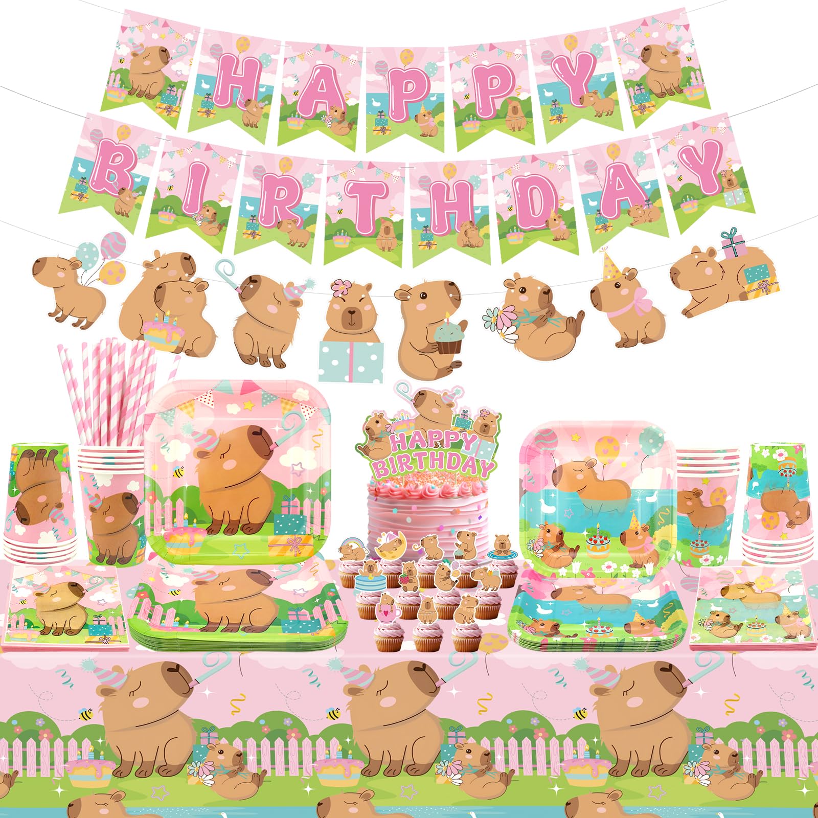 Obussgar Pink Capybara Birthday Party Decorations - Capybara Party Supplies including Banner, Plate, Cake Topper, Cup, Napkin, Tablecloth - Serves 20 (LQ)
