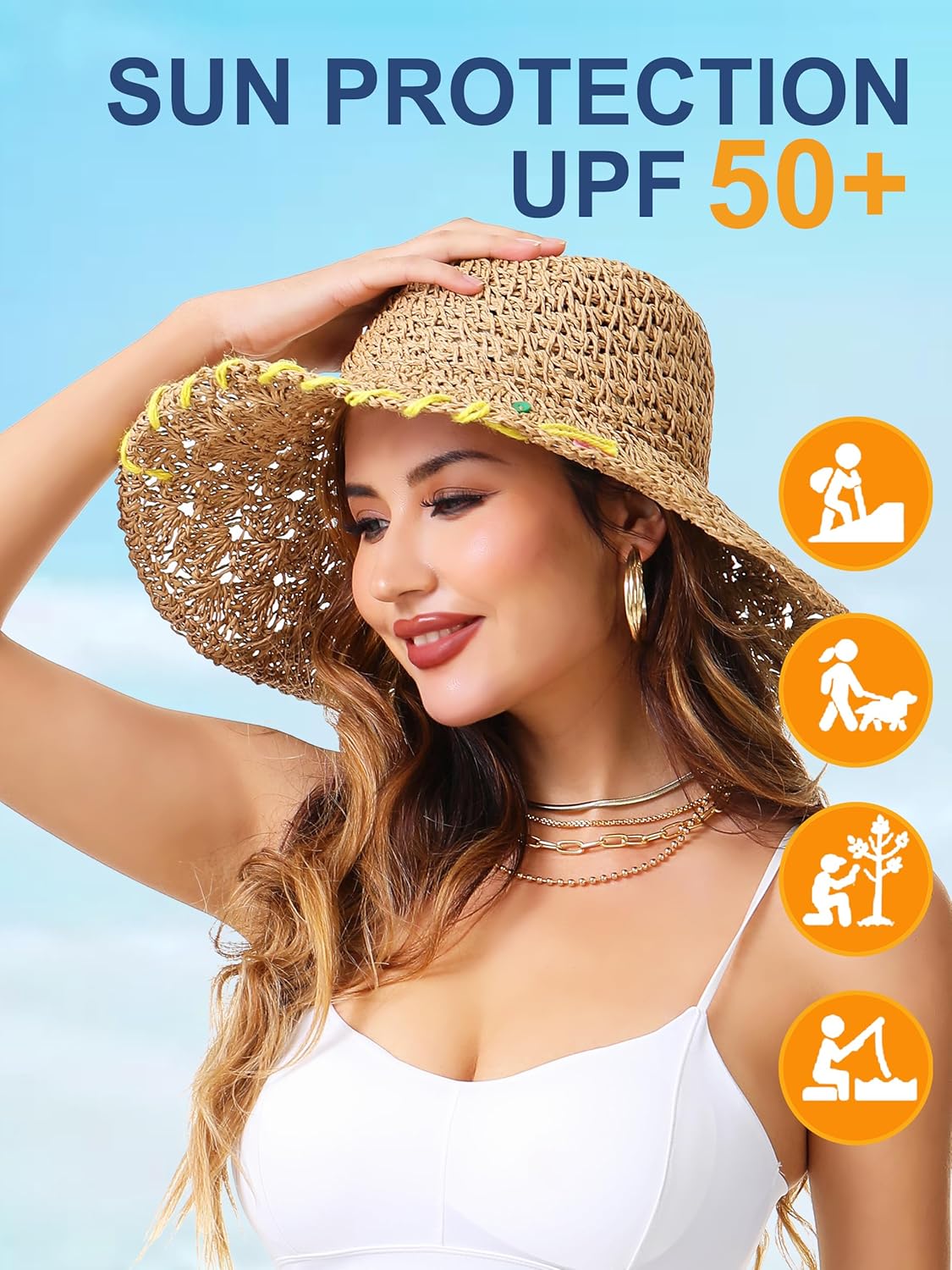 Sun Hats for Women Handmade Woven Straw Bucket Hat Wide Brim with Patch UV Protection for Summer - Image 5