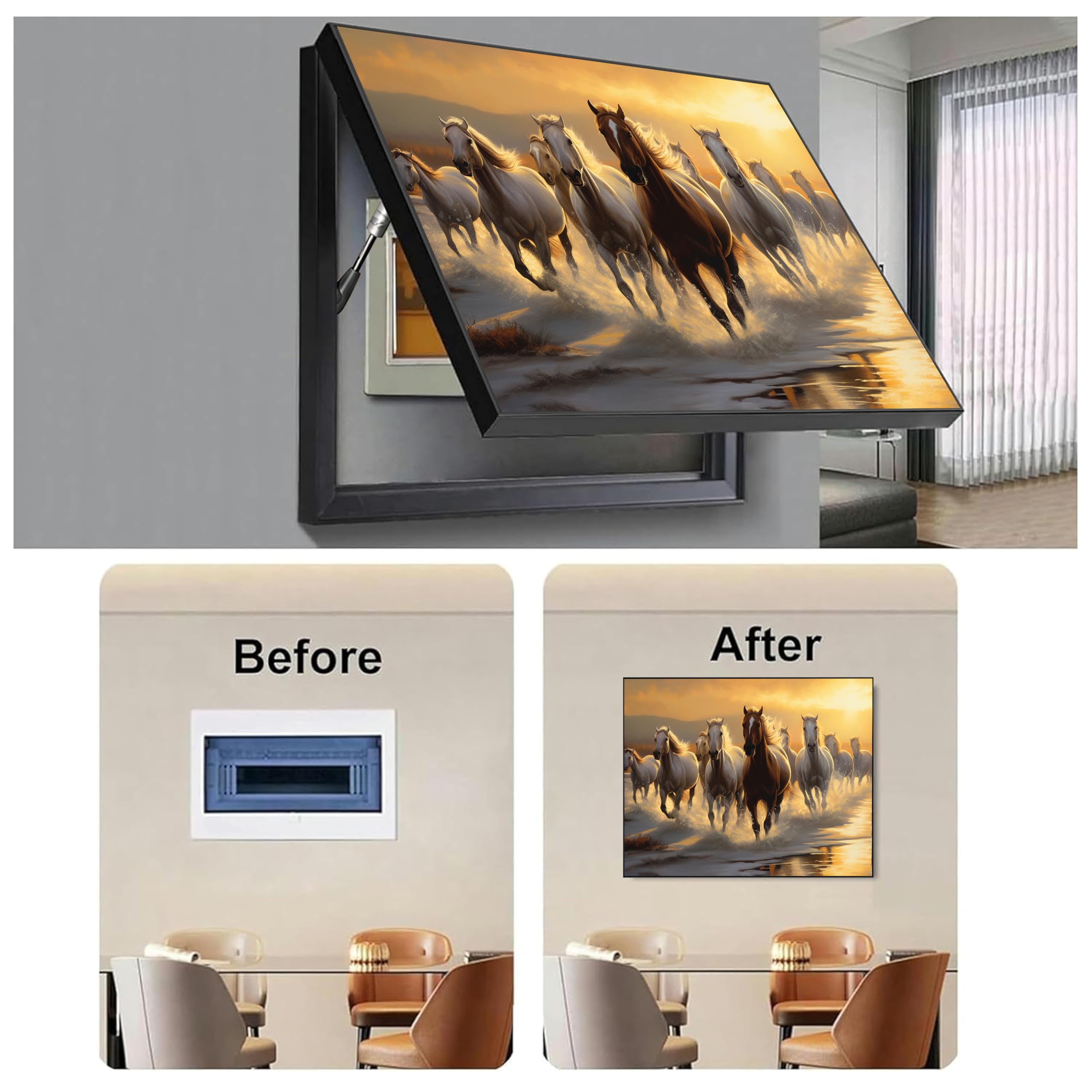 Electric MCB Box Cover Frame With Hydraulic Decorative White 9 Running Horse Painting Electrical Panel box Cover, Switch Box Frame Will Fit Max 15x20 inch Switch Board, Outer Box Size 17X23 Inch 4
