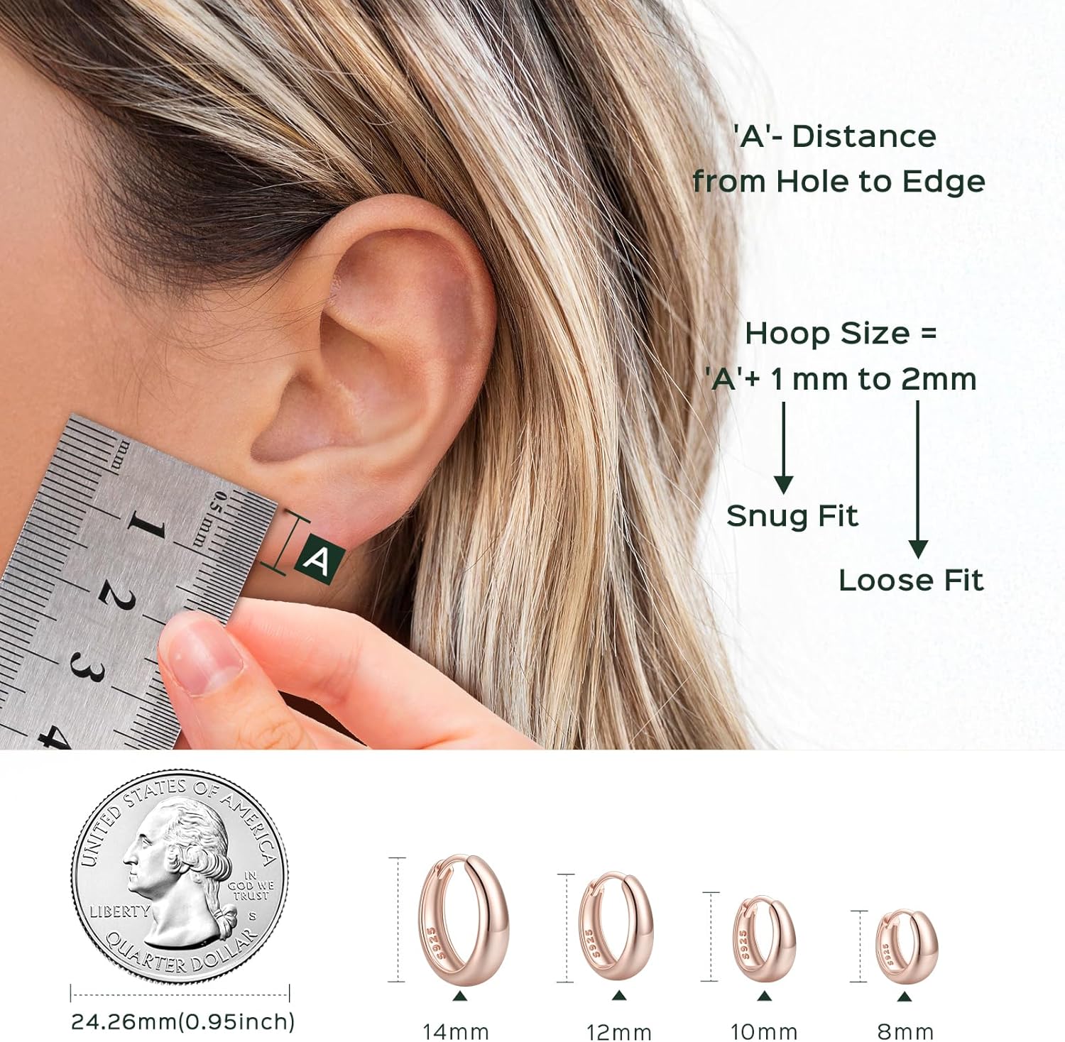 ChicSilver Solid 925 Sterling Silver Chunky Hoop Earrings for Women, Silver Small Thick Huggie Earrings Hypoallergenic Lightweight Silver Hoop Earrings for Sensitive Ears (8/10/12/14mm)