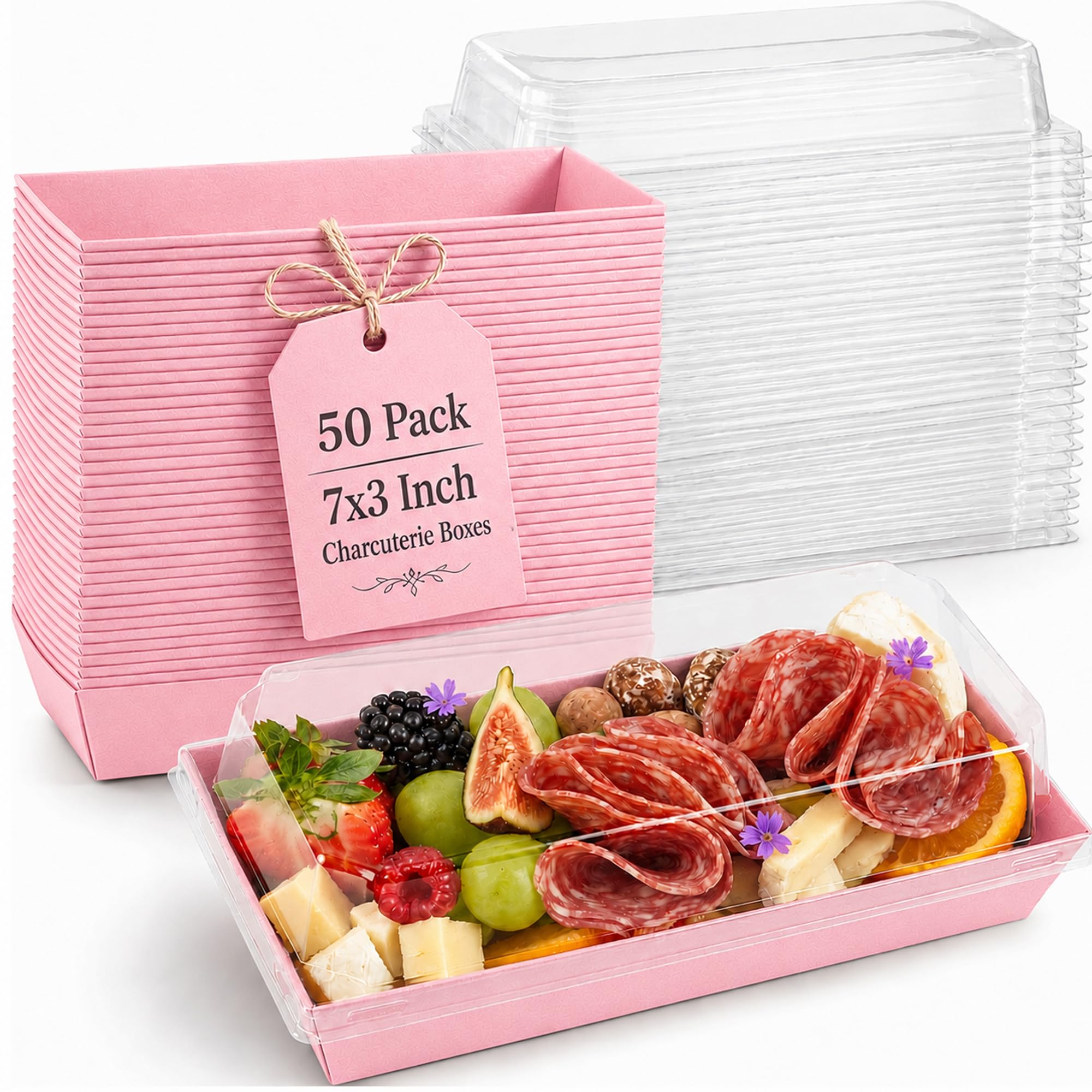 50 Pack 7.5x3.3in Small Charcuterie Boxes with Clear Lids, Mini Treat Box