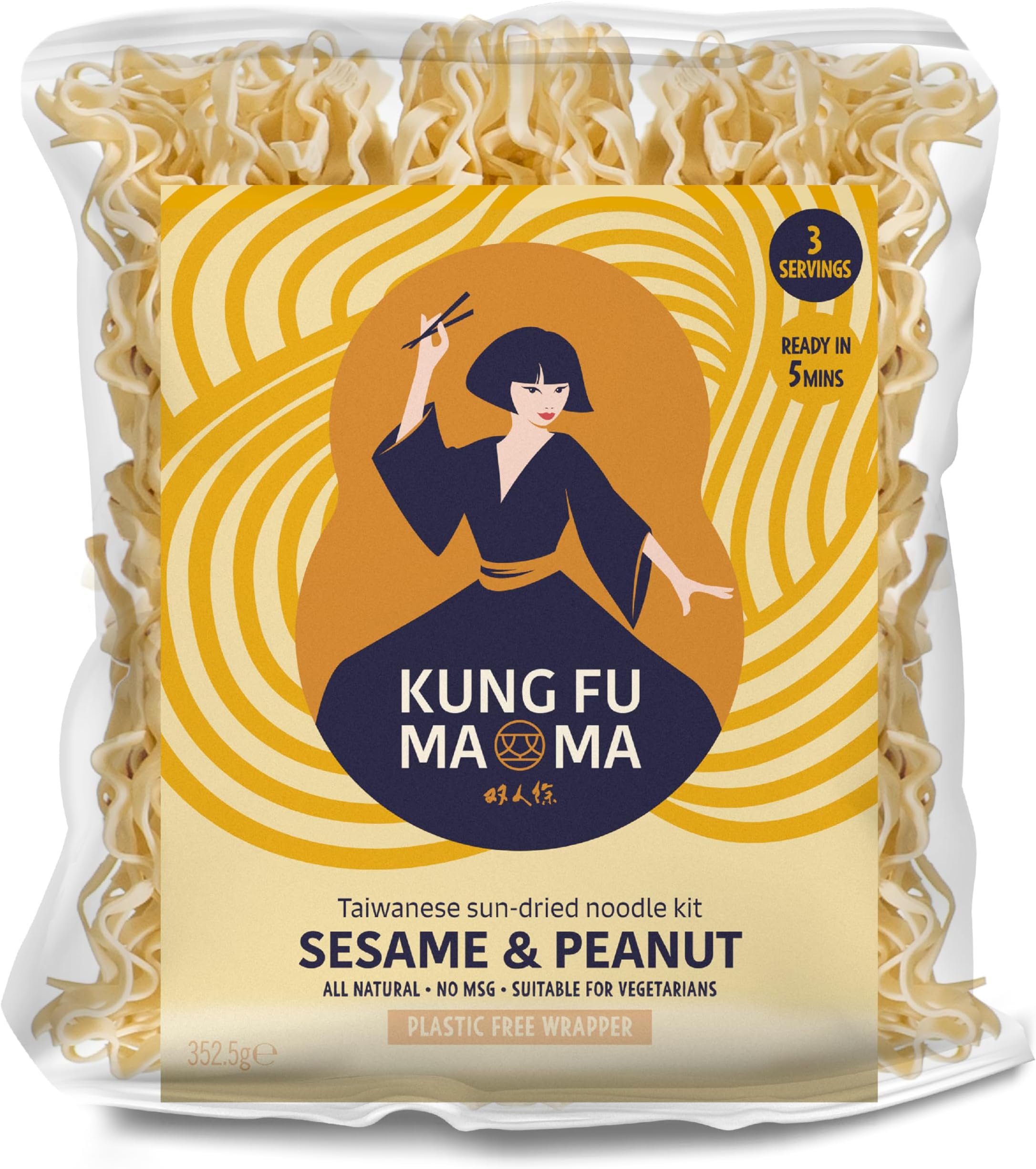 Kung Fu Mama Sesame & Peanut Noodles - Taiwanese Sun-Dried Multipack Noodles - All Natural Ingredients, No Nasties & No MSG Noodle Kit - Super Tasty, Creamy & Authentic Noodles - 3 Servings (352.5g)