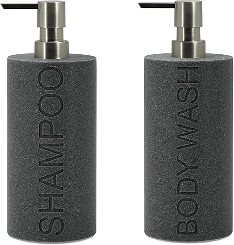 Miniatura 19 de Dispensador de Bomba Recargable con Botella Grabada de Champú de Resina de Piedra Arenisca Gris Neutro, Construcción de Resina Duradera e Resina de