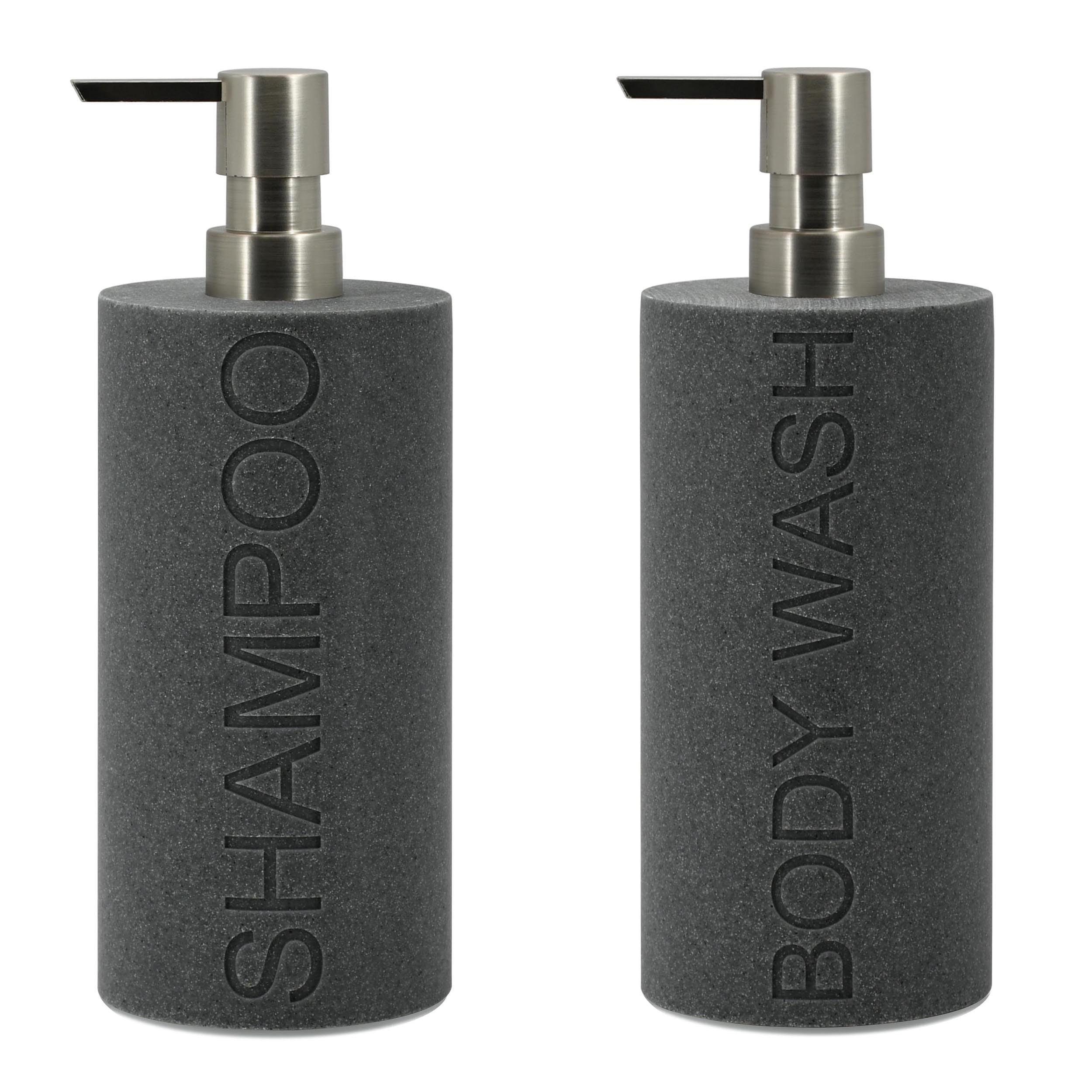 Resin 2 Pack Shampoo, Conditioner or Body Wash Dispenser Set, Luxurious Refillable Pump Bottles with Matte Pump Top and Embossed Text, Durable Design for Bathroom and Shower