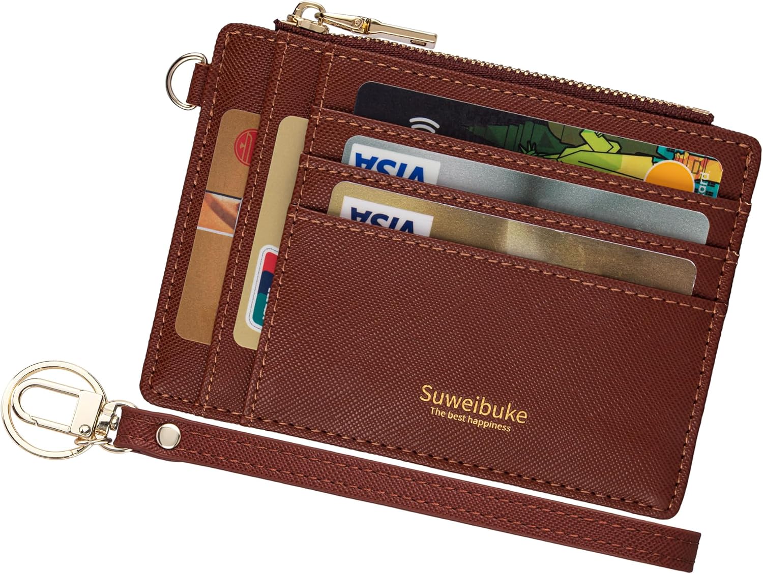 Wikavanli Women Slim Rfid Blocking Credit Card Case Holder Wristlet Zip ID Case Wallet Small Compact Leather Wallet Coin Purse with Keychain (Beige)