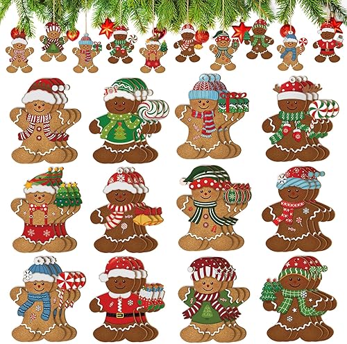 Miniatura 8 de 36 piezas de adornos de muñeco de nieve navideños para decoración de árbol, muñeco de nieve rojo de madera, manualidades colgantes para árbol de