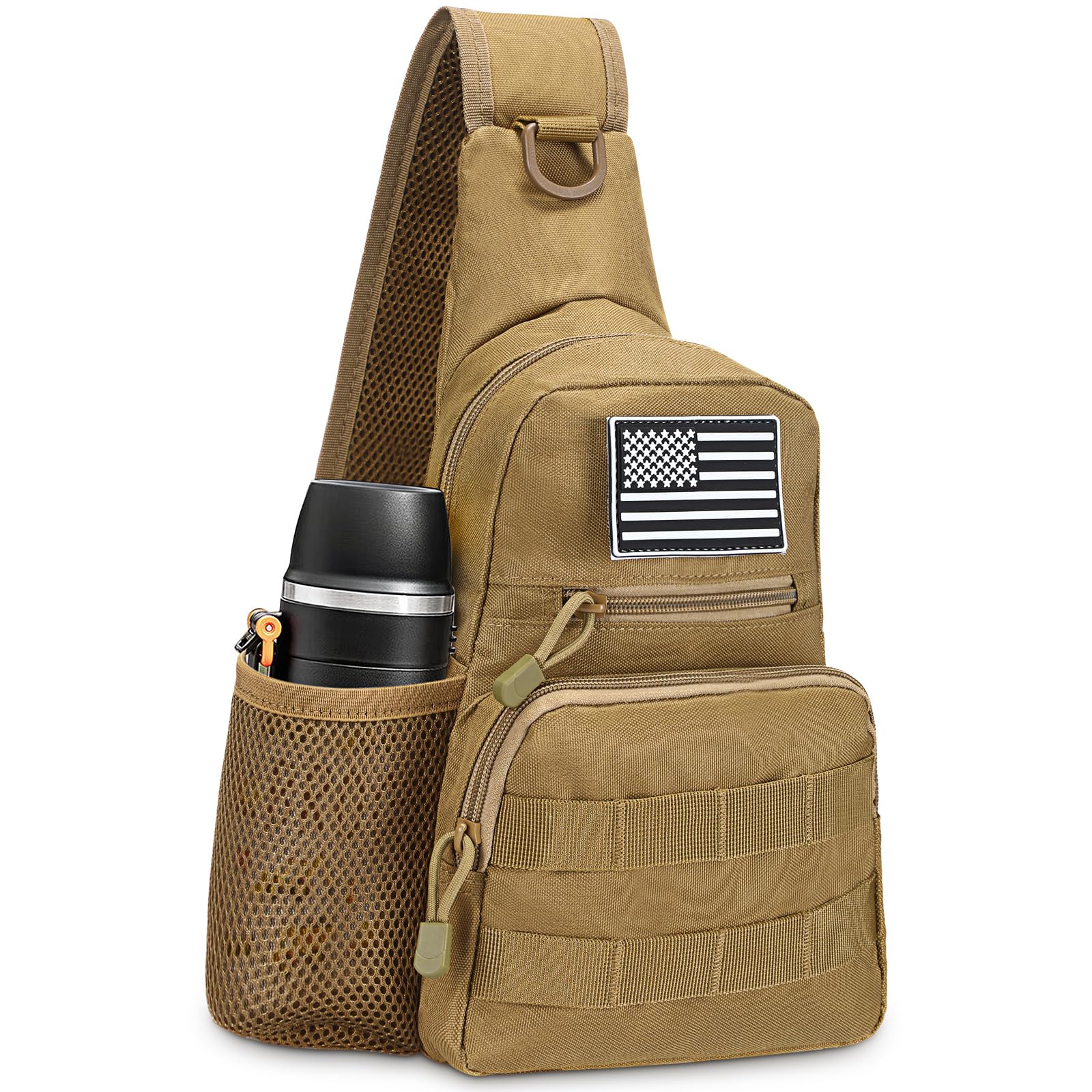 UTOKIER Tactical Sling Bag, Compact Military MOLLE EDC Shoulder Backpack, Crossbody Chest Daypack with Water Bottle Holder for Outdoor Travel (Khaki), Khaki, S, Minimalist