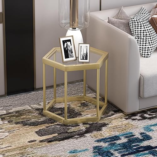 Miniatura 7 de Mesa auxiliar dorada moderna de cristal, mesa de centro de cristal combinada, sin hexágonos, mesas auxiliares pequeñas con marco de metal para sala