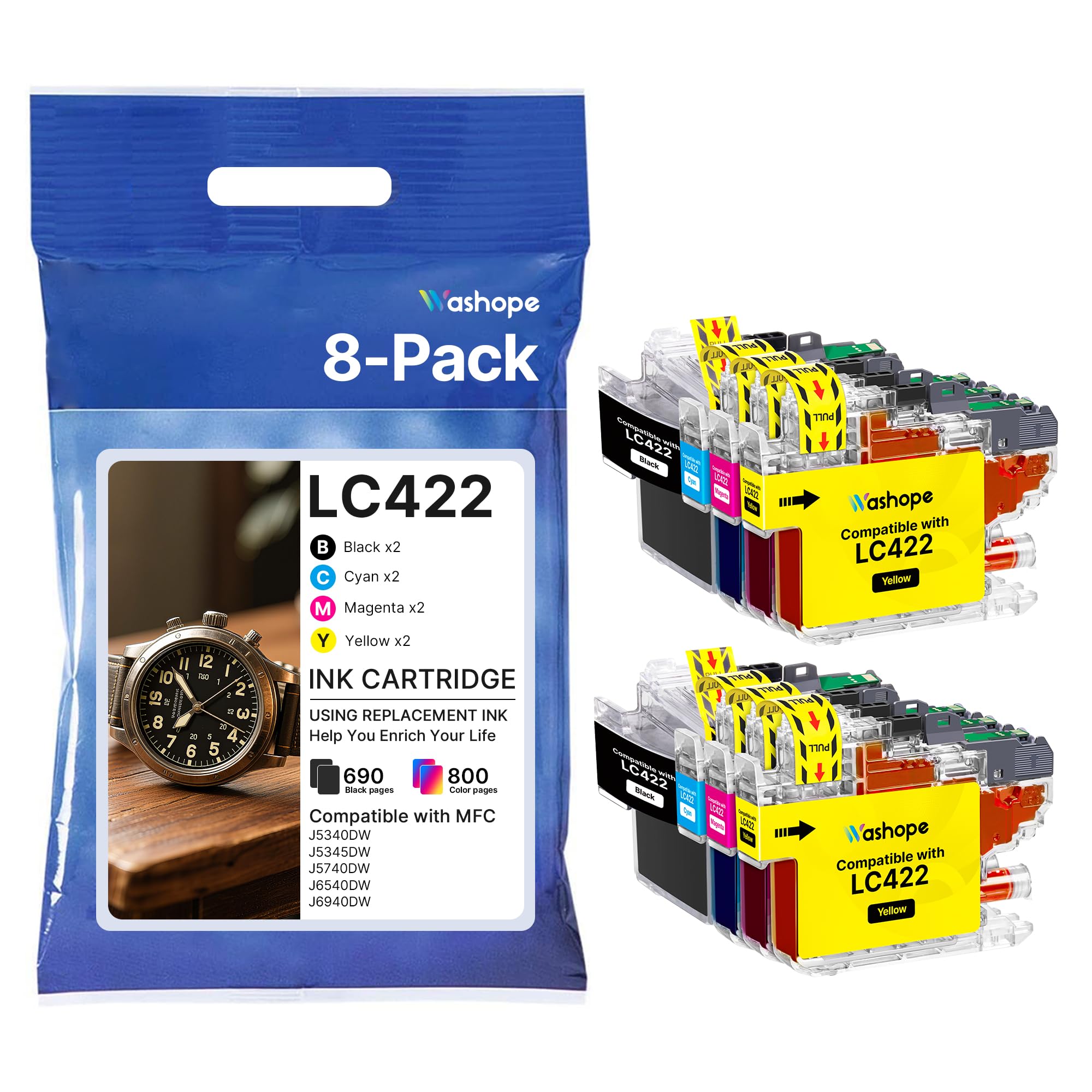 Pack de 8 Cartouches d'Encre Compatible Brother LC422XL - Washope