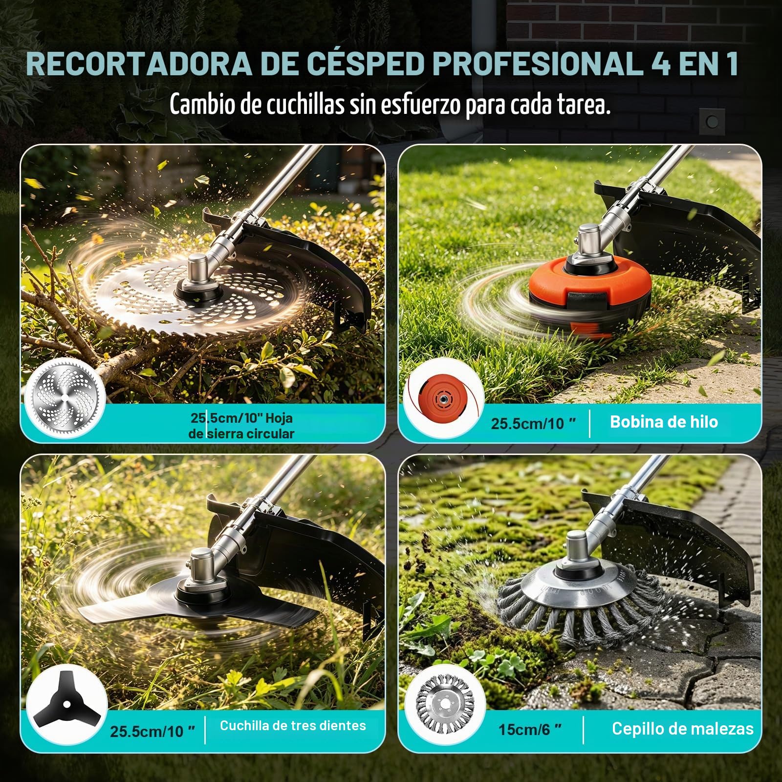 Desbrozadora con batería con 2 baterías de 4,0 Ah, batería eléctrica 4 en 1, desbrozadora y cortacésped, Motor sin escobillas de 950W de batería para Cortar césped y jardín