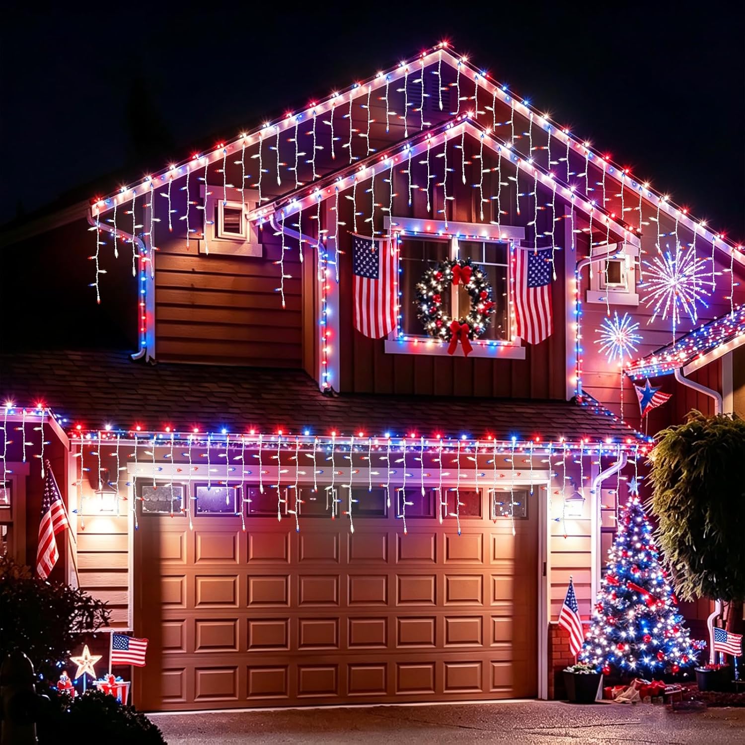 LAMPHOME Red White Blue Icicle Lights Outdoor, 100 Patriotic String Lights, 4th of July Lights, Independence Day Decorations Lights, Connectable Plug in Indoor Memorial Day American Flag Porch Tree