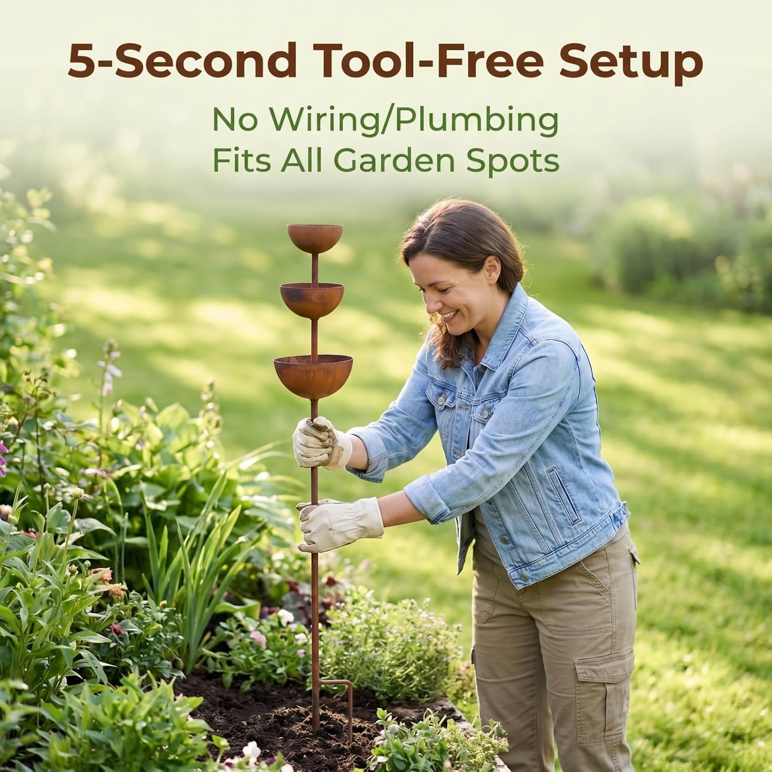 Rain Catcher - Plant Support Metal Garden Ornament, 3-Tiered Rain Catcher Garden Stake with Water Bowls, Bird Bath & Bee Watering Station,for Patio Lawn Garden Path & Pond Art Decor