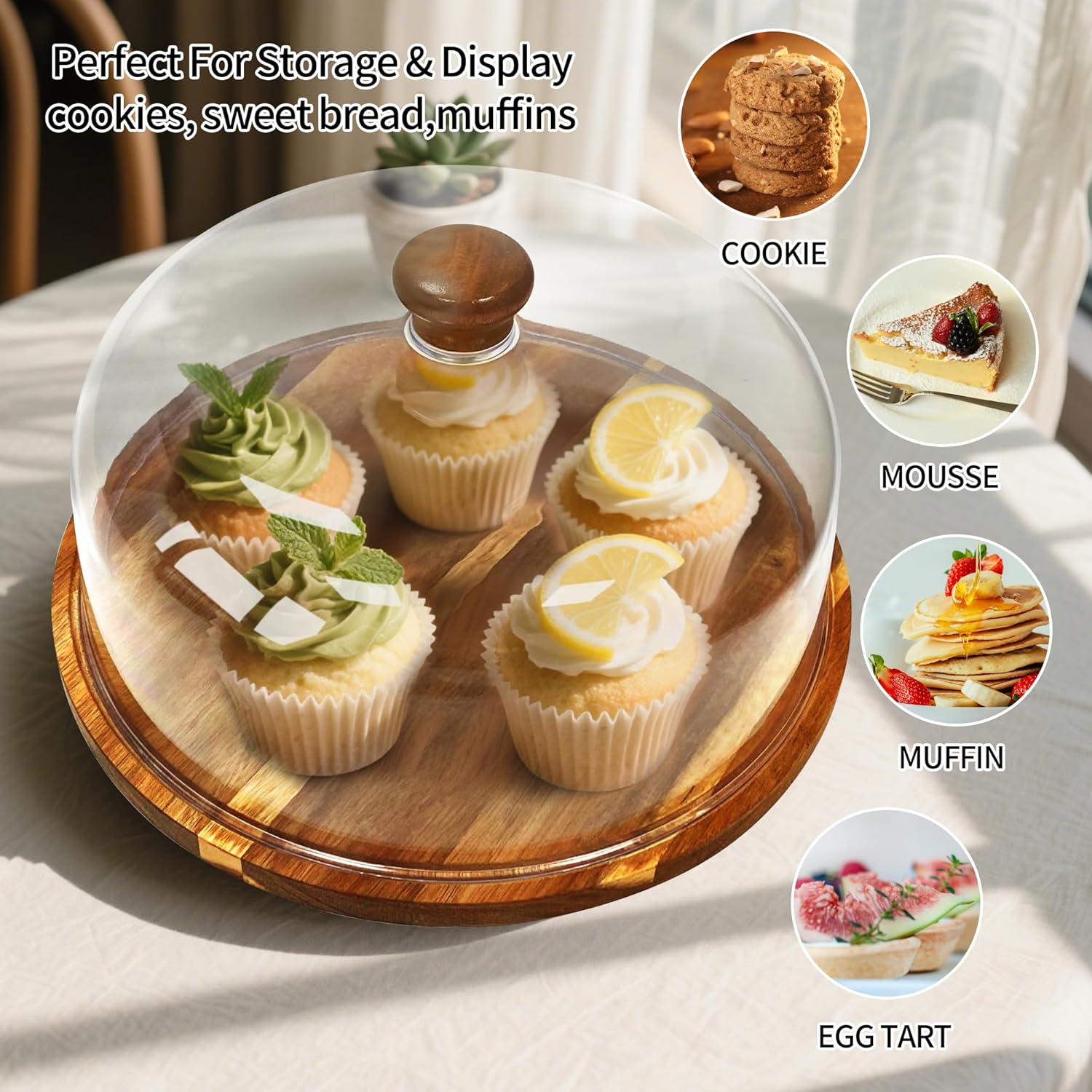 Wood-Cake-Stand With Acrylic Dome Lid, Round Wooden Cake Holder Plate With Cover, 2-in-1 Dessert Table Display Set For Party, Charcuterie Board For Cheese, Chips & Dips, Nachos, Fruit Platter
