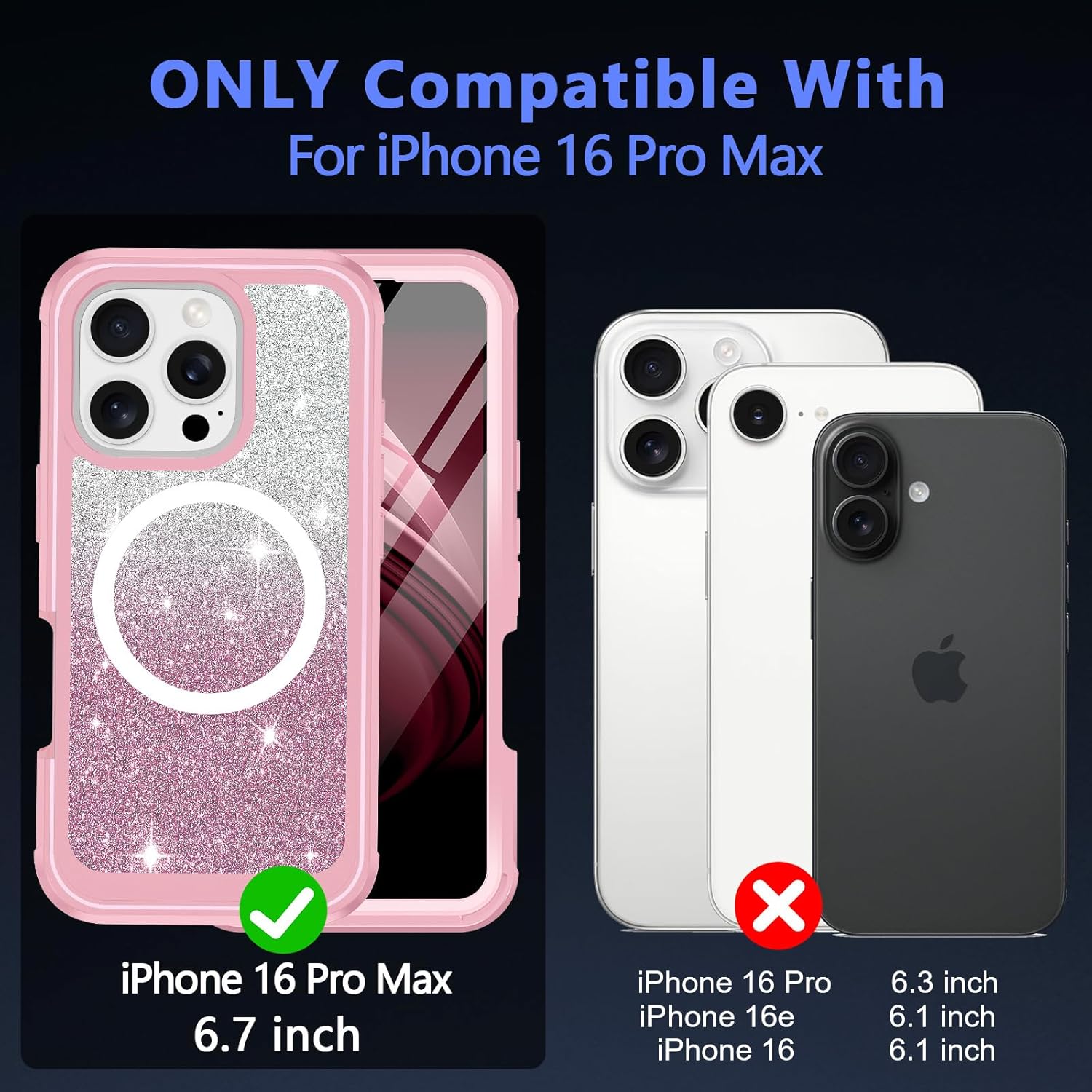 for iPhone 16 Pro Max Case,Compatible with MagSafe,Magnetic Glitter Case Built-in 9H Tempered Glass Screen Protector,Shockproof Protective Case for Samsung iPhone 16 Pro Max,Pink - Image 2