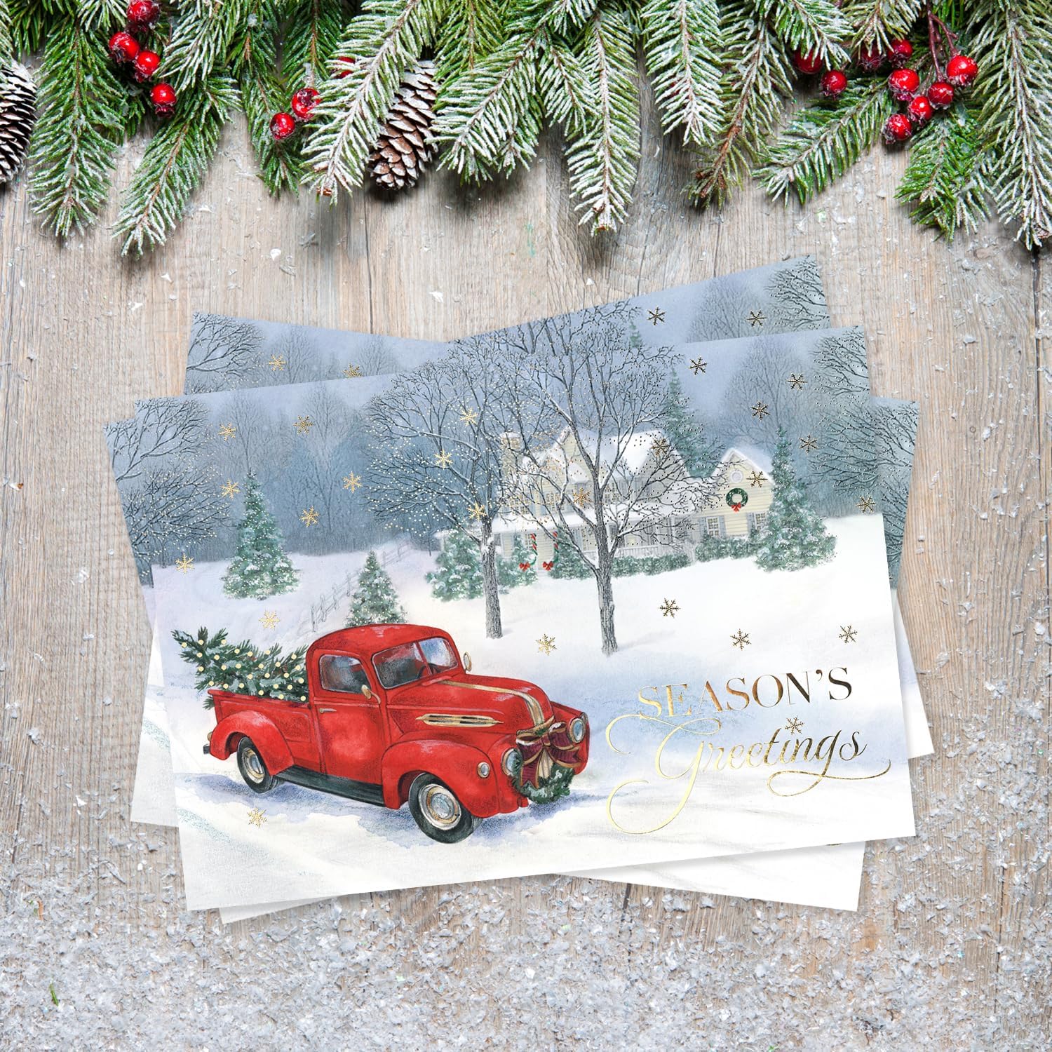 Masterpiece Trucking The Tree Christmas Cards / 16 Boxed Red Truck Country Holiday Card Set With Gold Foil Accents And Coordinating Envelopes / 5 5/8" x 7 7/8" Folded Winter Christmas Tree Farm - Image 5