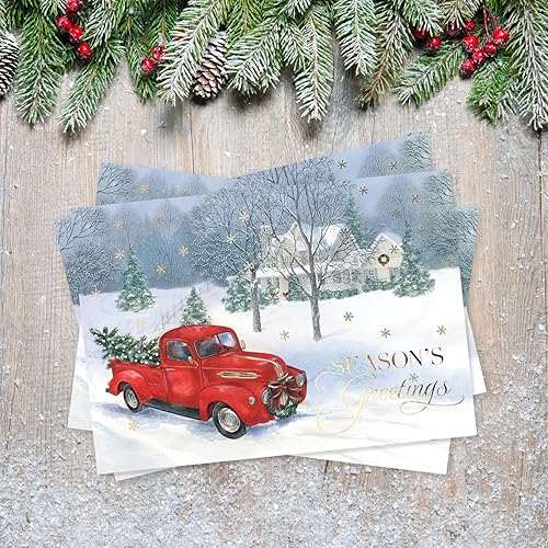 Miniatura 5 de Masterpiece Trucking The Tree - Juego de 16 tarjetas de Navidad de camión rojo en caja con detalles de lámina dorada y sobres a juego  5 58 pulgadas