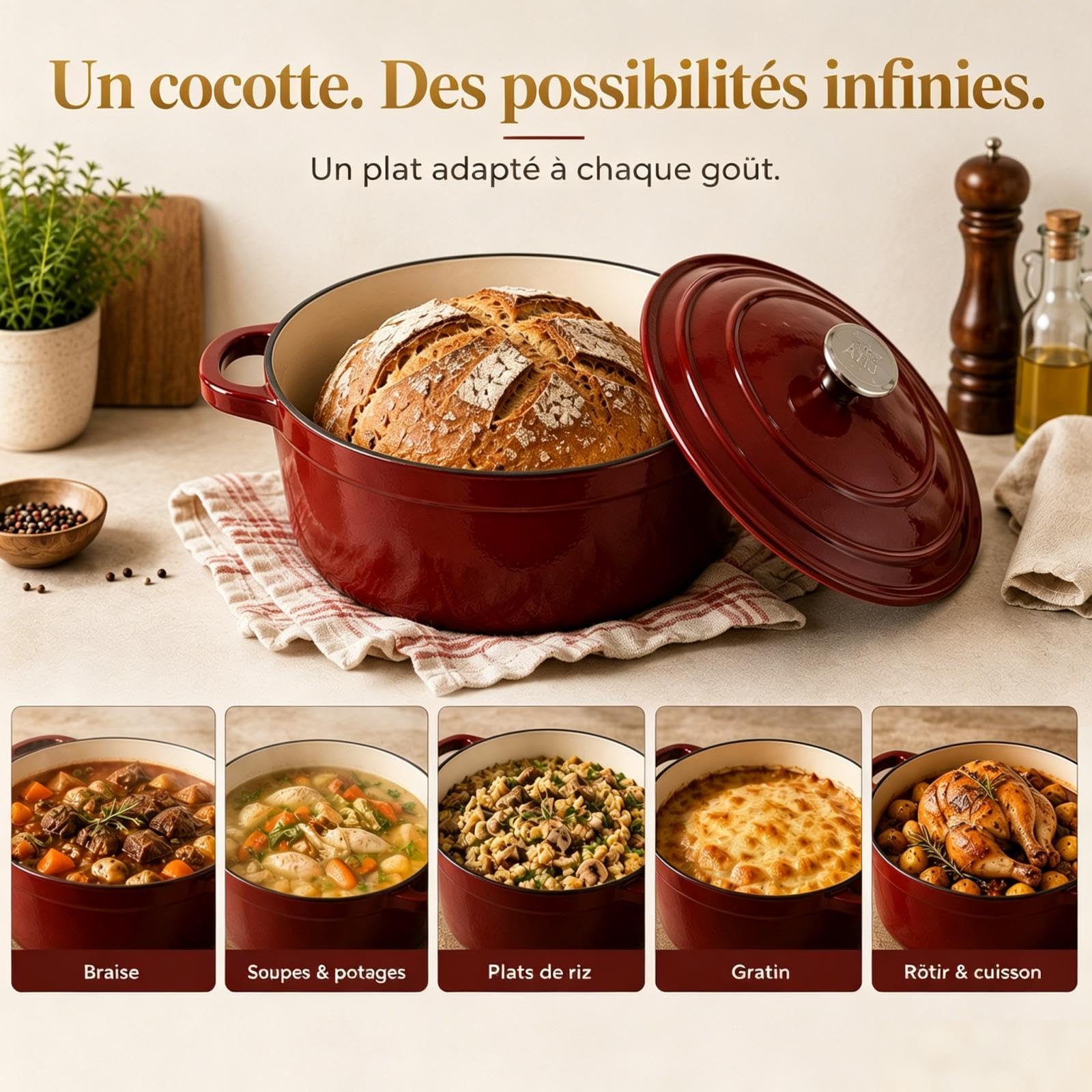 AHJ 4 Casseroles en Fonte Émaillée, Ensemble de cocottes avec poêle à Pain de 4,5 L, rôtissoire de 2,5 L, poêle à Griller de 1,2 L et Couvercle, antiadhésif, va au Four jusqu'à 260°C, Rouge
