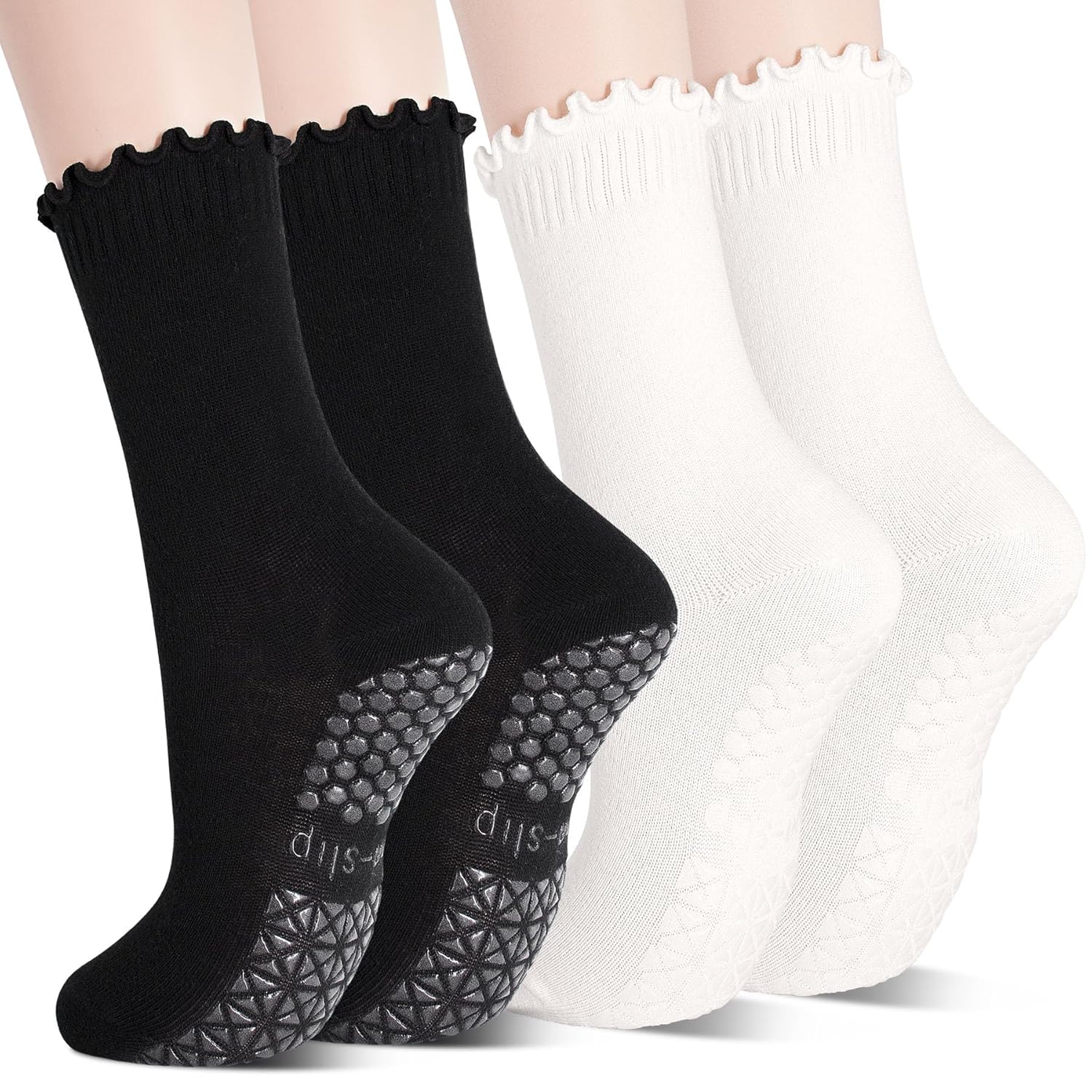 Yoga Socks Non Slip Grips Anti Skid Women Athletic Socks Pilates Ballet Barre Crew Socks Ruffle Cuff 2