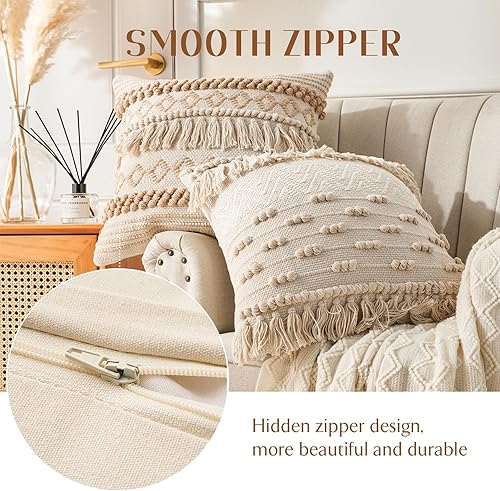 Miniatura 5 de Funda de almohada bohemia hecha a mano de 18 x 18 pulgadas, fundas de almohada decorativas de hilo de algodón bohemio color caqui crema con textura