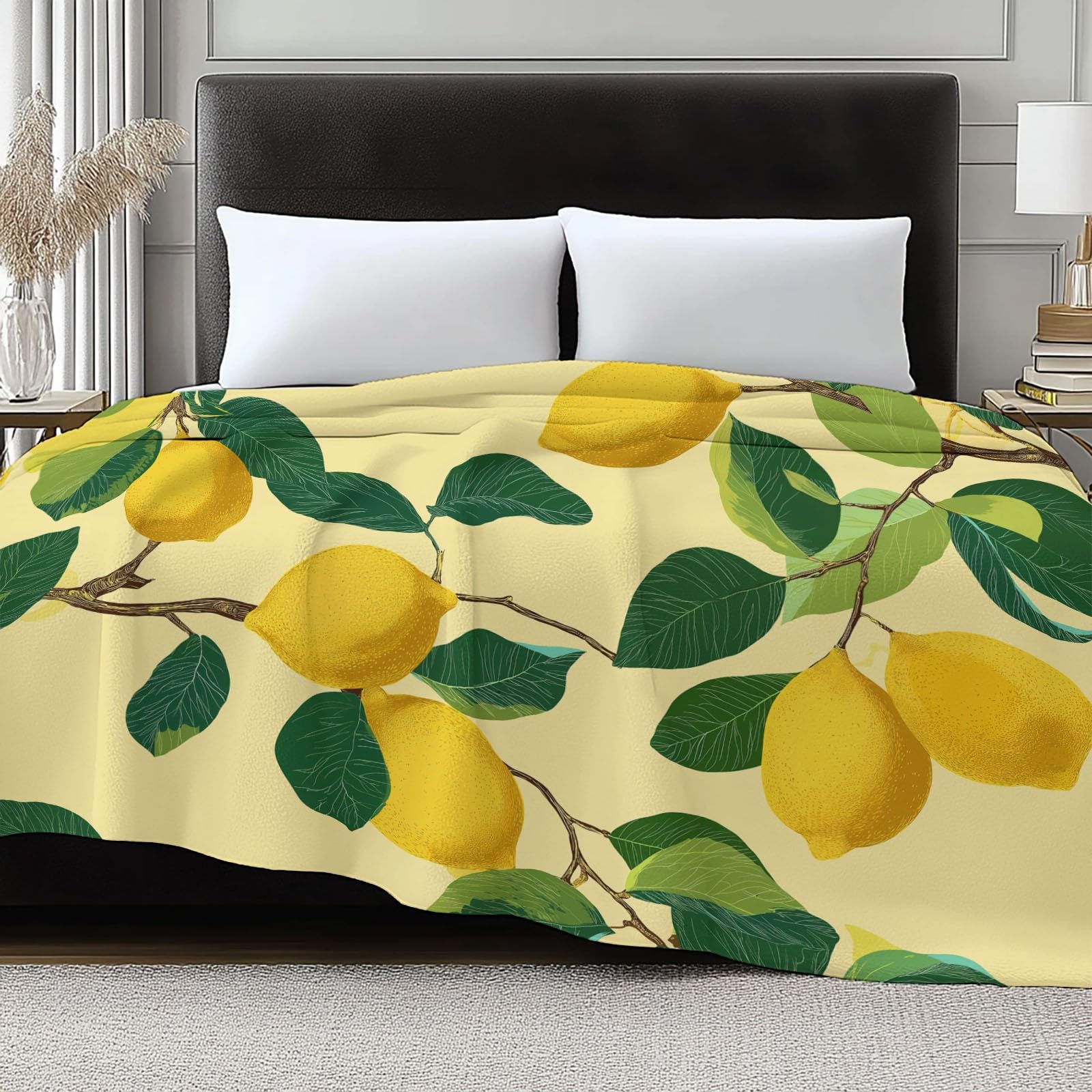 Koc jasnożółty dla dzieci i dorosłych, 180 x 200 cm, bardzo miękki z nadrukiem, puszysty koc flanelowy, owoce, cytryny, liście roślin, ciepły, na jesień, zimę, do łóżka, na sofę, do biura, na podróż