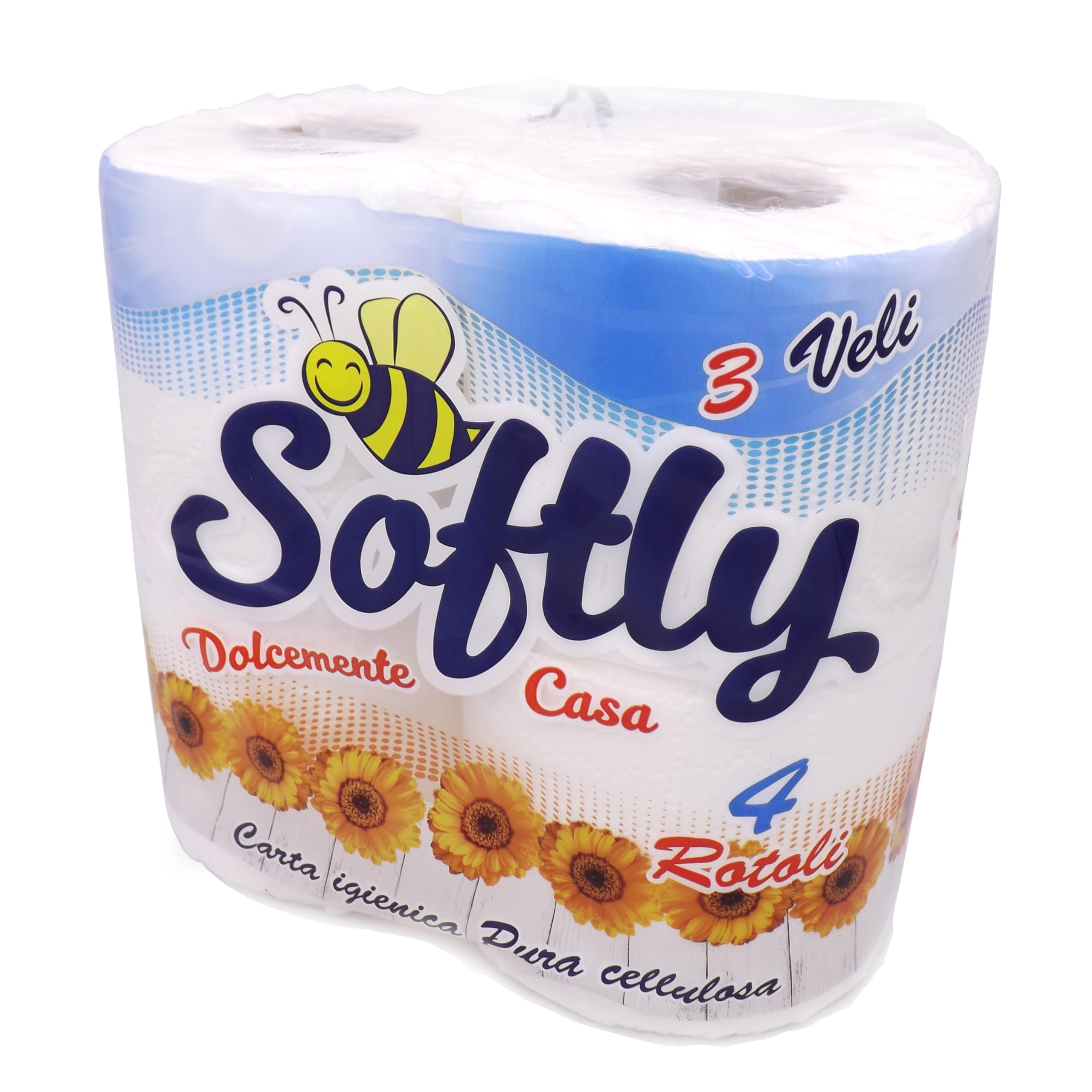 Carta Igienica Softly 3 Veli, 40 Rotoli (10 pacchi da 4 rotoli), Morbida e Resistente, Goffratura Floreale, Bianca, in Pura Cellulosa, Delicata sulla Pelle, Non Profumata