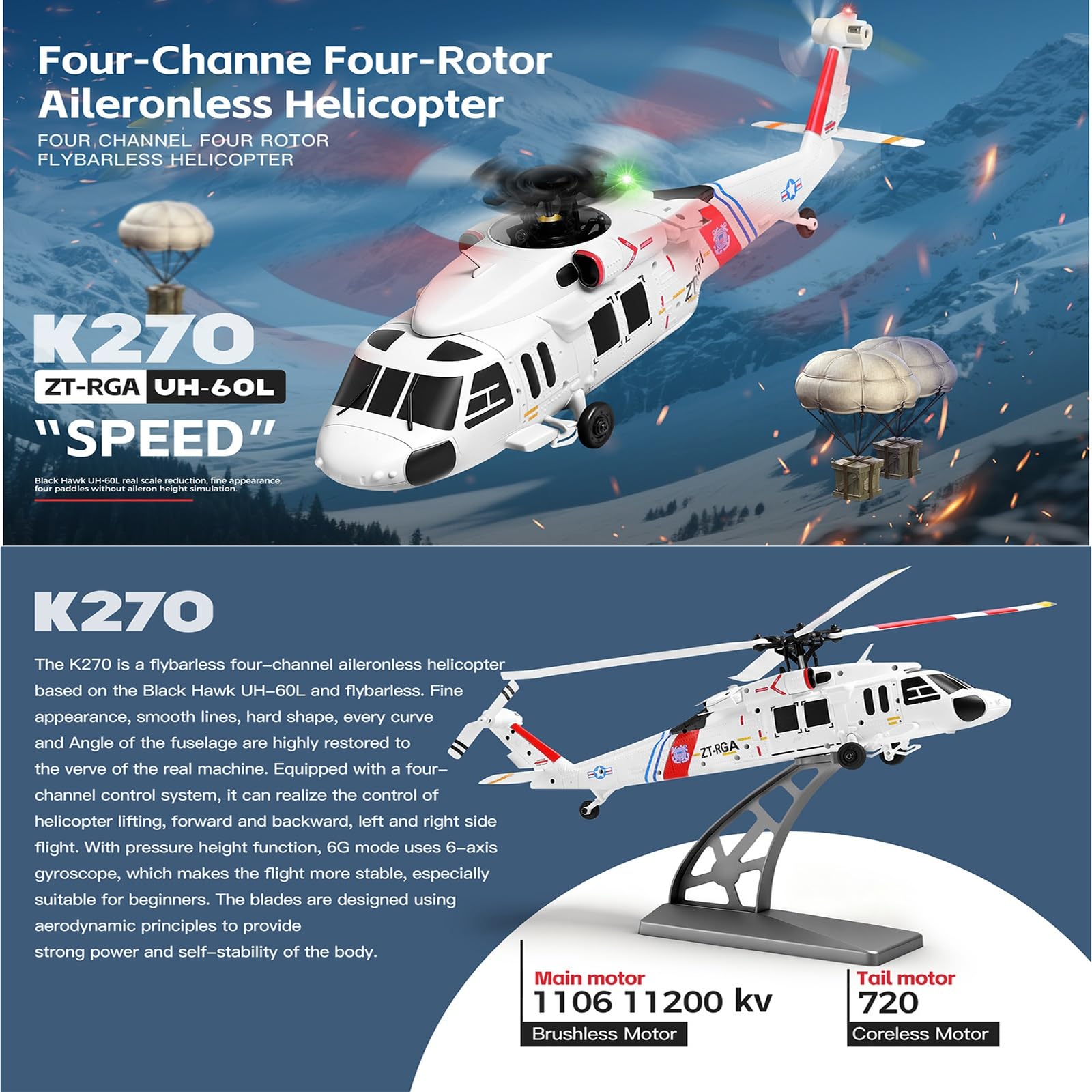 Elicottero radiocomandato K270 UH-60L elicottero brushless flybarless a 4 canali con 4 pale senza alettoni mantenimento dell'altitudine posizionamento ottico del flusso(3 Batteries)