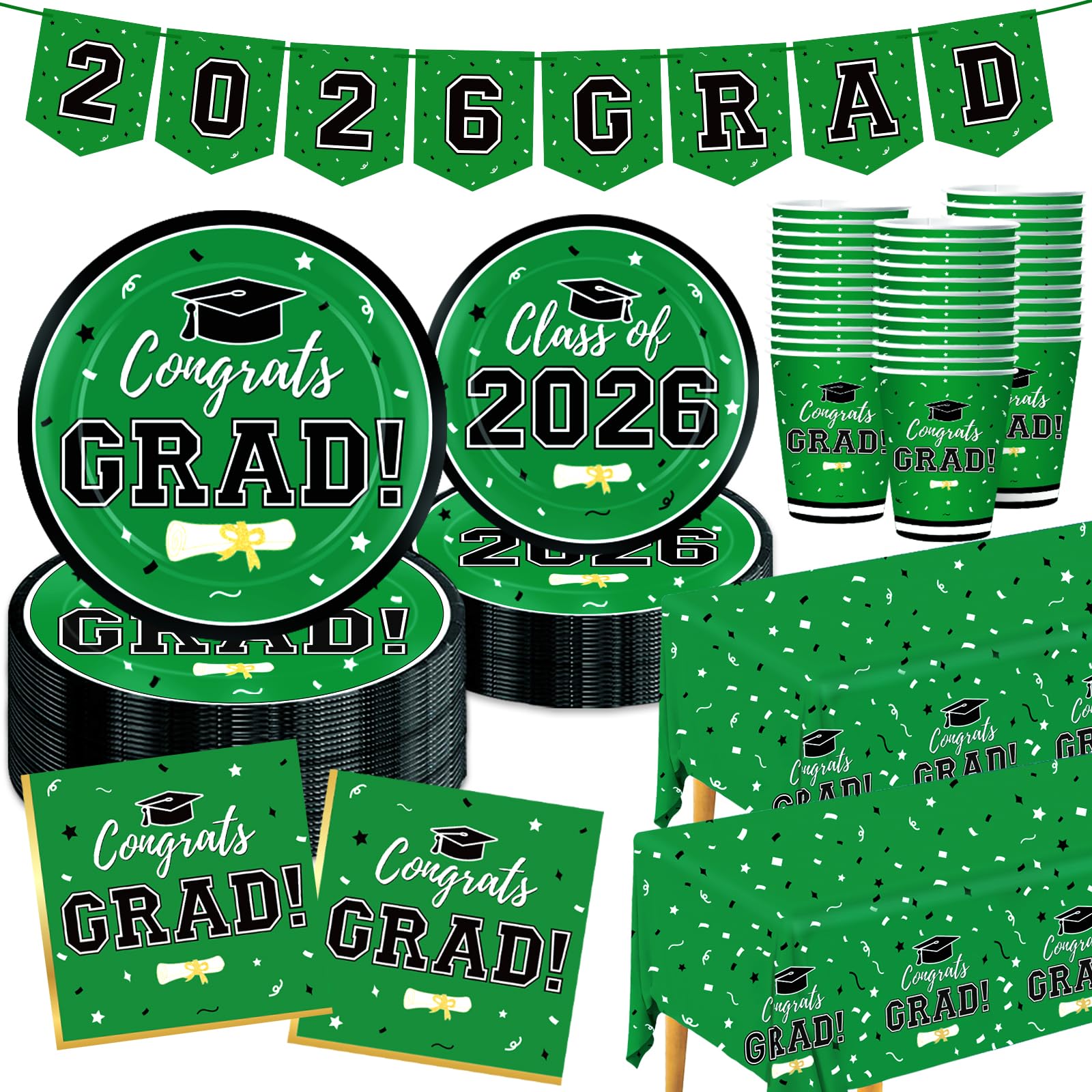 Graduation Decorations 2026 Disposable Green Graduation Tableware Kit for 50 Guests Plates Napkins Cups Tablecloth Hanging Graduation Party Decorations 2026
